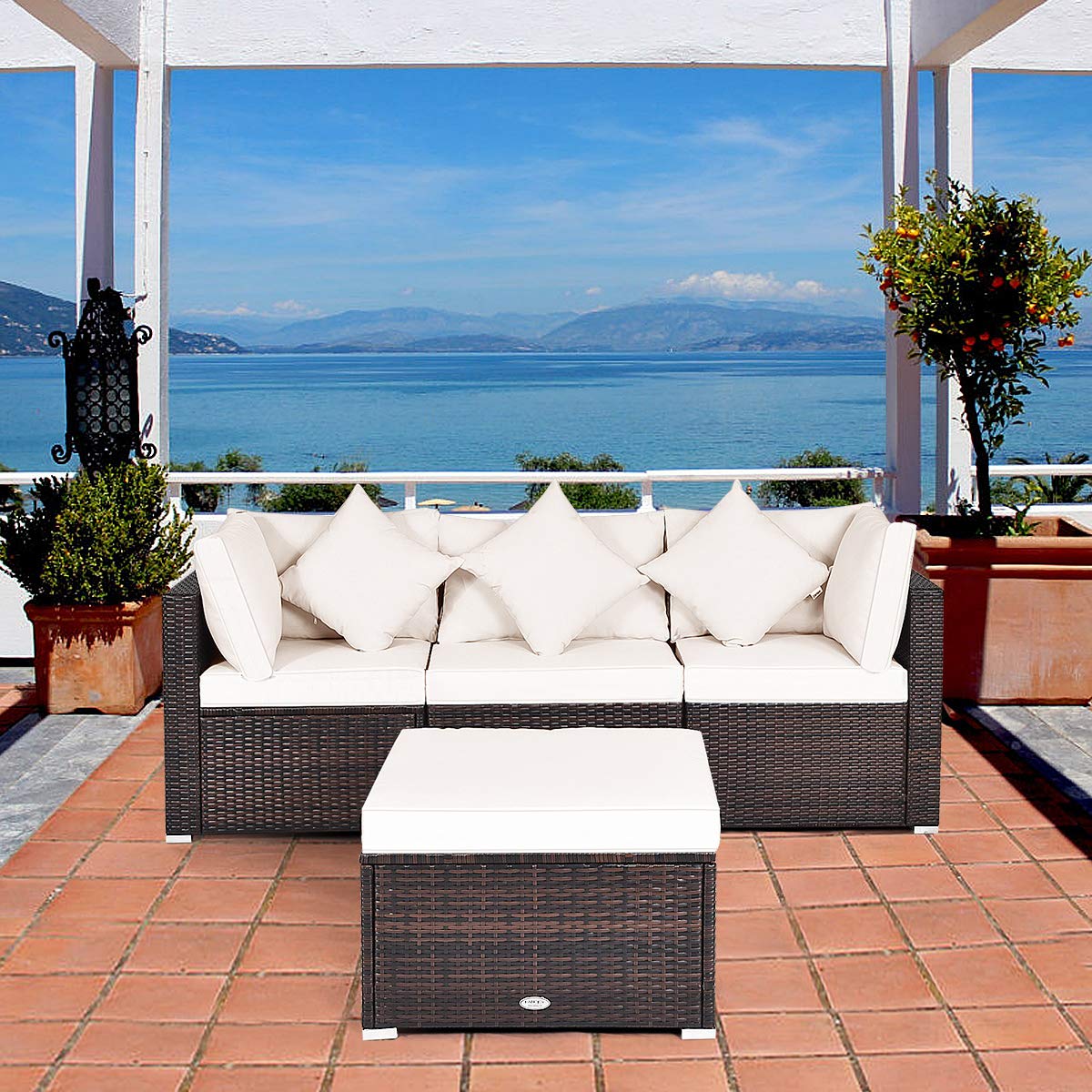 HAPPYGRILL 4-Piece Outdoor Patio Furniture Set - Rattan Wicker Conversation Sofa with Ottoman, Cushions & Pillows - Garden, Lawn, Balcony, Backyard Furniture for Relaxing & Entertaining