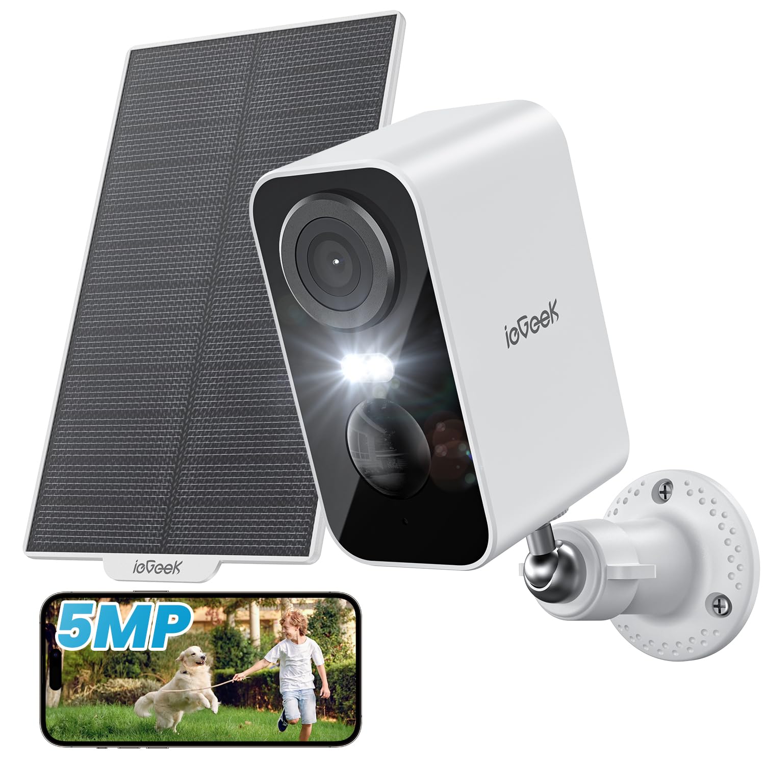ieGeek 5MP Solar Security Camera Outdoor Wireless - Color Night Vision, Battery Powered CCTV Camera System, WiFi Home Security Camera with Motion Detection, Floodlight Alarm & Alexa Compatibility | Perfect for Backyard, Garage & Property Surveillance