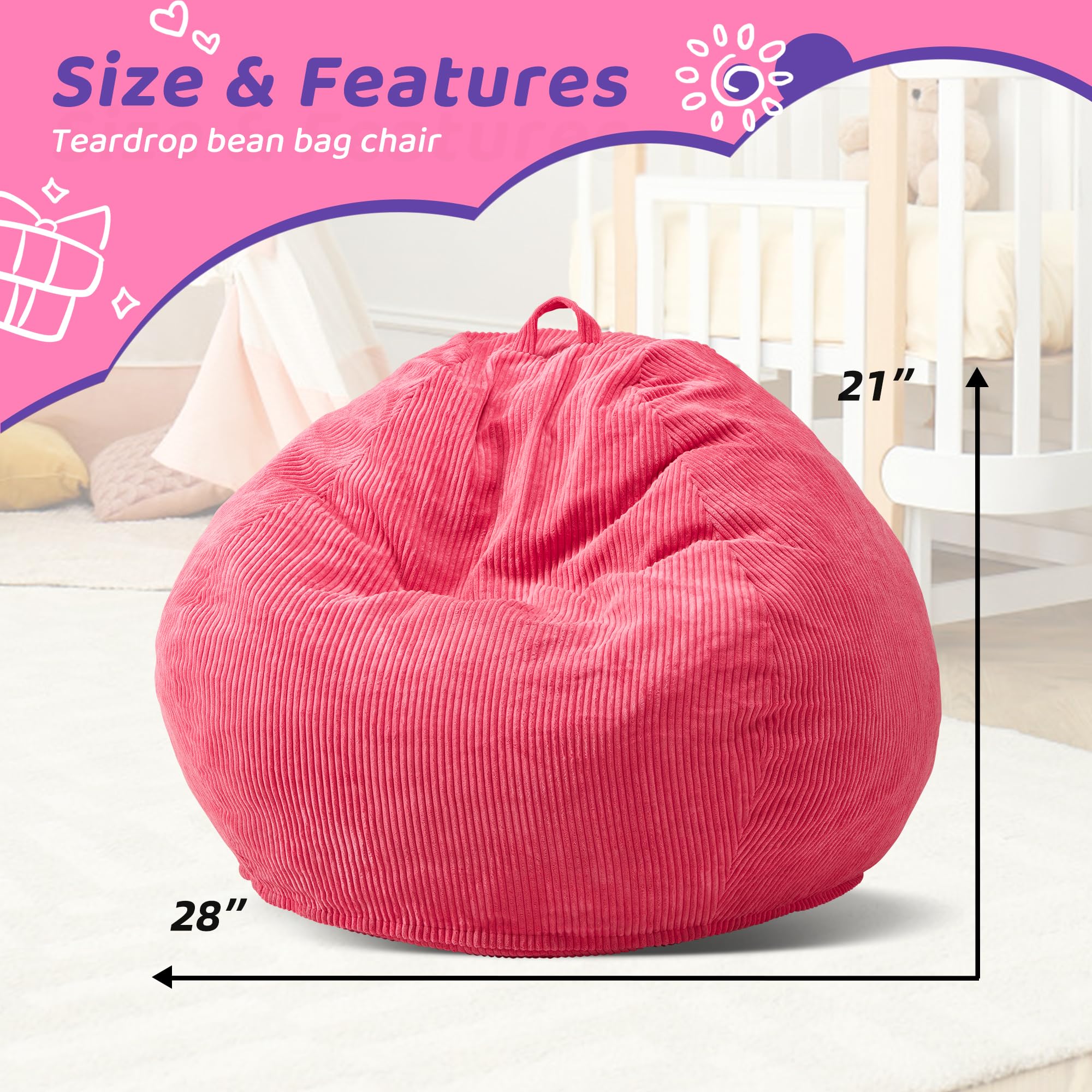 **Teardrop Bean Bag Chair with Memory Foam Filling - Machine Washable Cover - Small Pink Beanbag for Living Room, Bedroom & Kids' Playroom - Cozy Seating for Relaxation, Reading & Gaming**