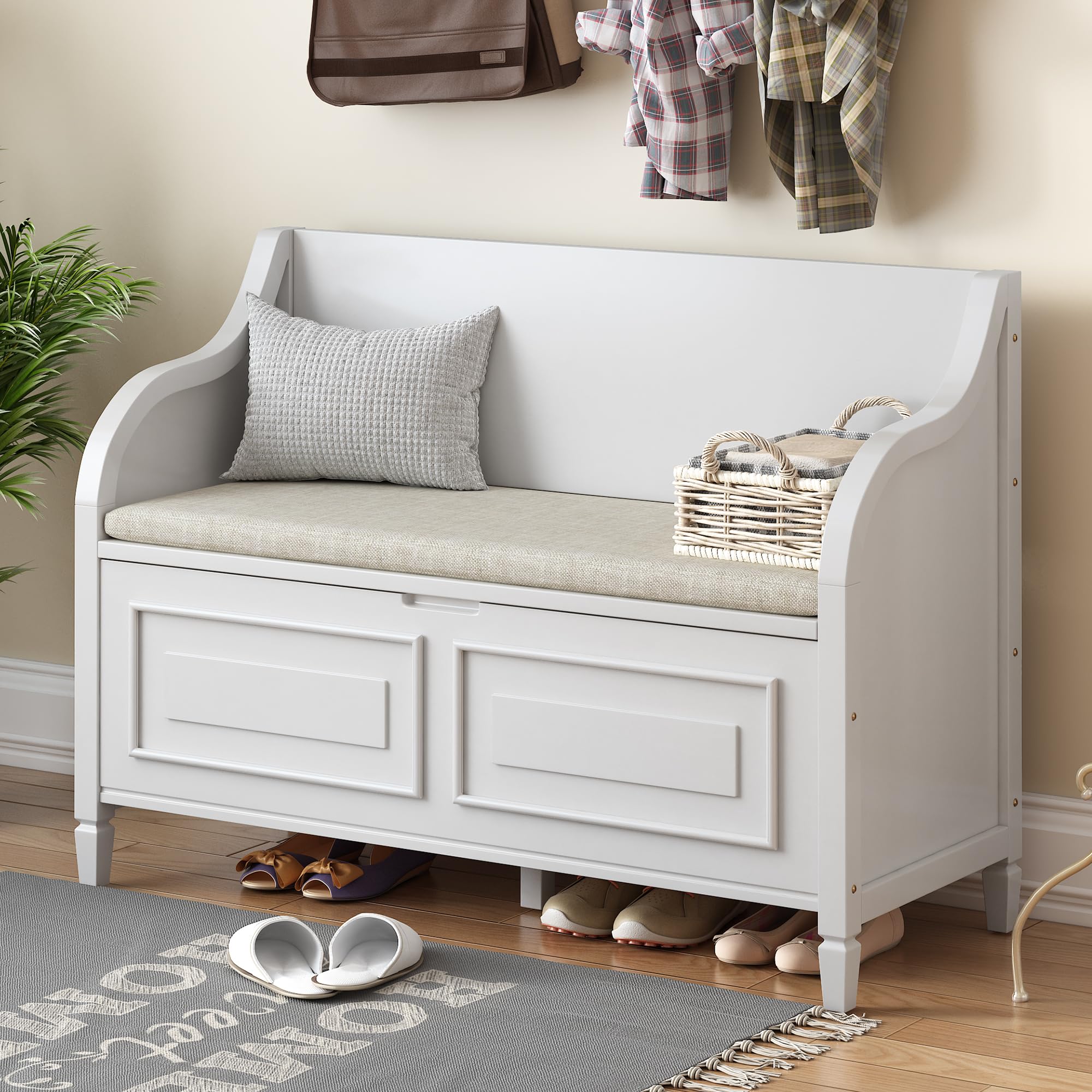 Lift Top Storage Bench with Drawers - Shoe Organizer Bench with Safety Hinge & Cushioned Seat - Entryway Furniture for Hallway, Bedroom, Living Room (White)