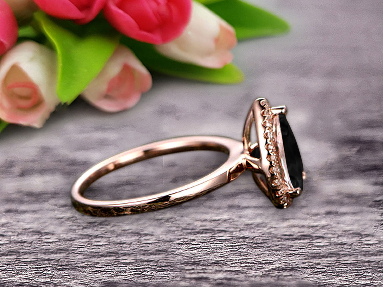 1.25 Carat Halo Pear Cut Black Diamond Moissanite Engagement Ring - Handcrafted 10k Rose Gold Solitaire Stackable Band - Perfect for Proposals, Anniversaries & Special Occasions