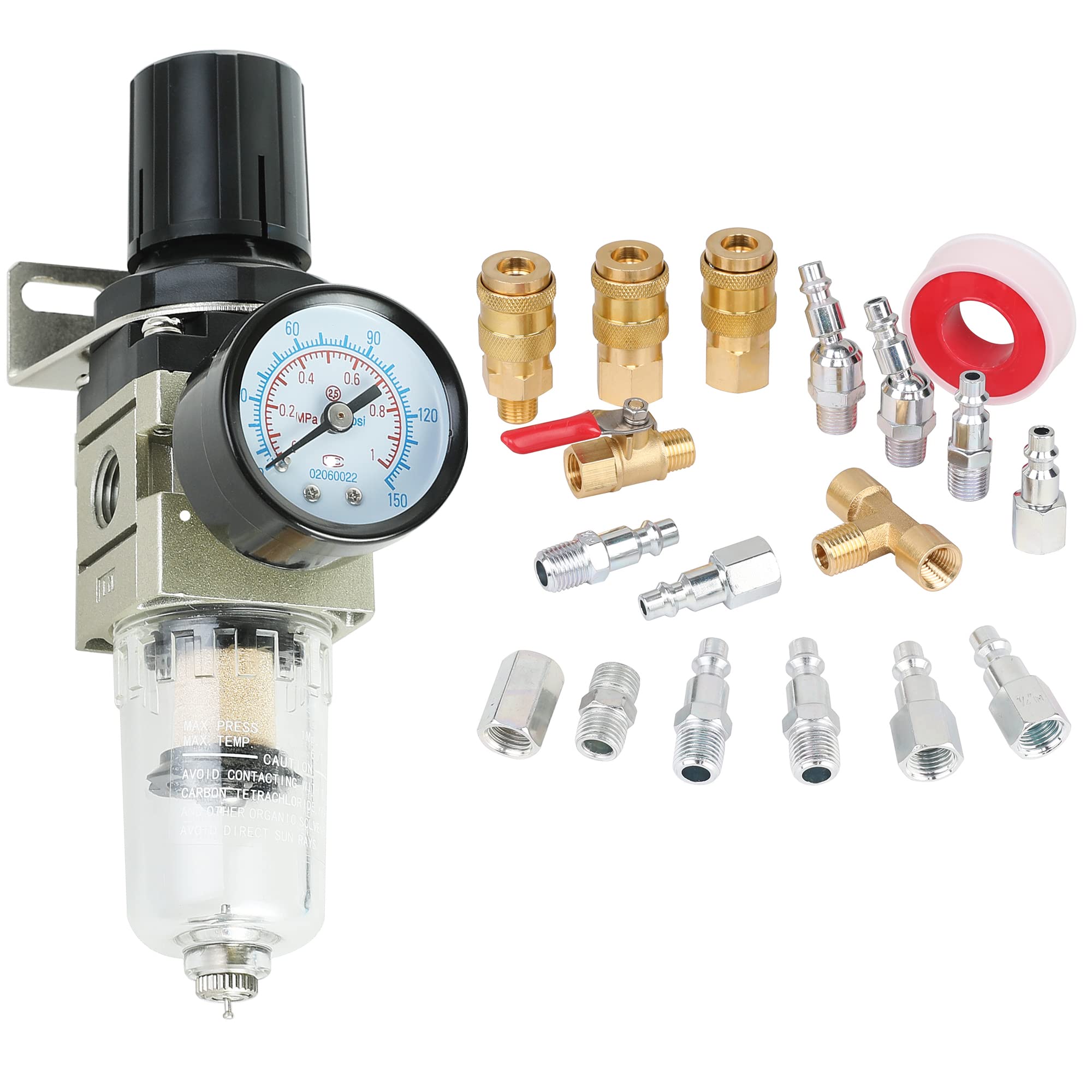 Hromee 1/4 Inch Air Compressor Filter Regulator Combo Kit with 18-Piece Air Coupler & Plug Set - 1/4-Inch NPT Fittings for Air Hoses & Compressor Accessories - Ideal for Pneumatic Tools, DIY Projects & Workshop Maintenance