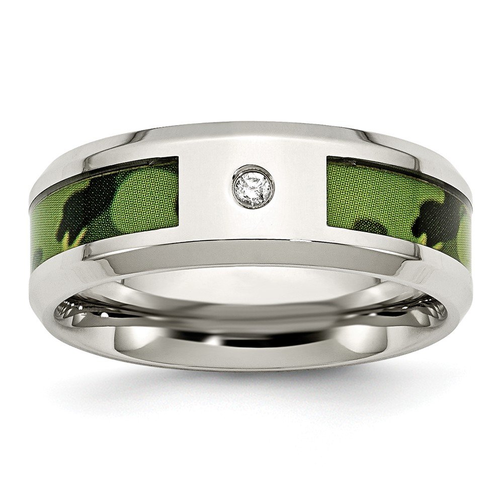 0.035ct Diamond 8mm Solid Stainless Steel Camouflage Men's Wedding Band Ring - Perfect for Military, Outdoor & Everyday Wear