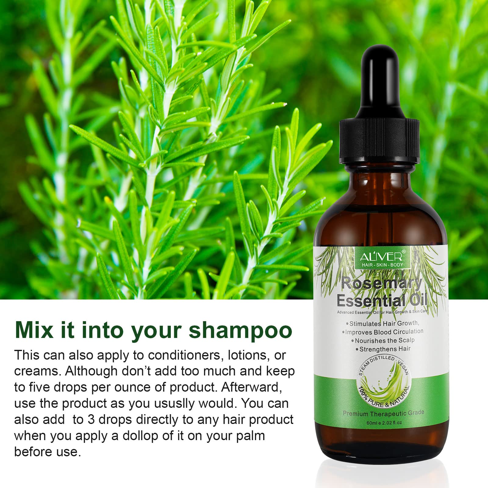 Organic Rosemary Essential Oil for Hair Growth & Scalp Care - 100% Pure Natural Hair Oil (60ml) - Aromatherapy Diffuser & Massage Oil - Promotes Thicker Hair & Healthy Scalp - Perfect for Daily Hair Care Routine & Relaxation Therapy