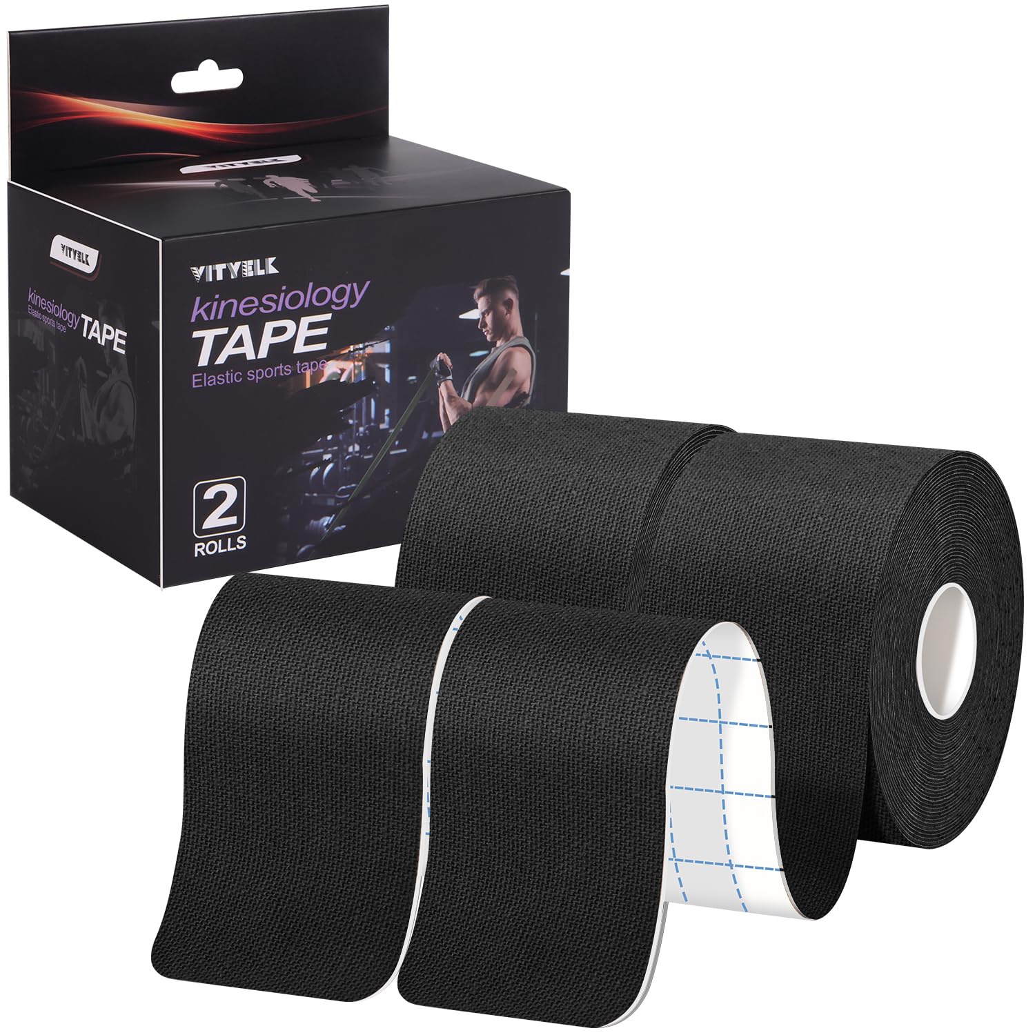 Premium Elastic Kinesiology Tape (2 Rolls) - Hypoallergenic Cotton Waterproof Athletic Tape for Muscle Pain Relief & Joint Support - 2 Inch x 16ft per Roll (Black) - Ideal for Sports Recovery, Physical Therapy & Injury Prevention