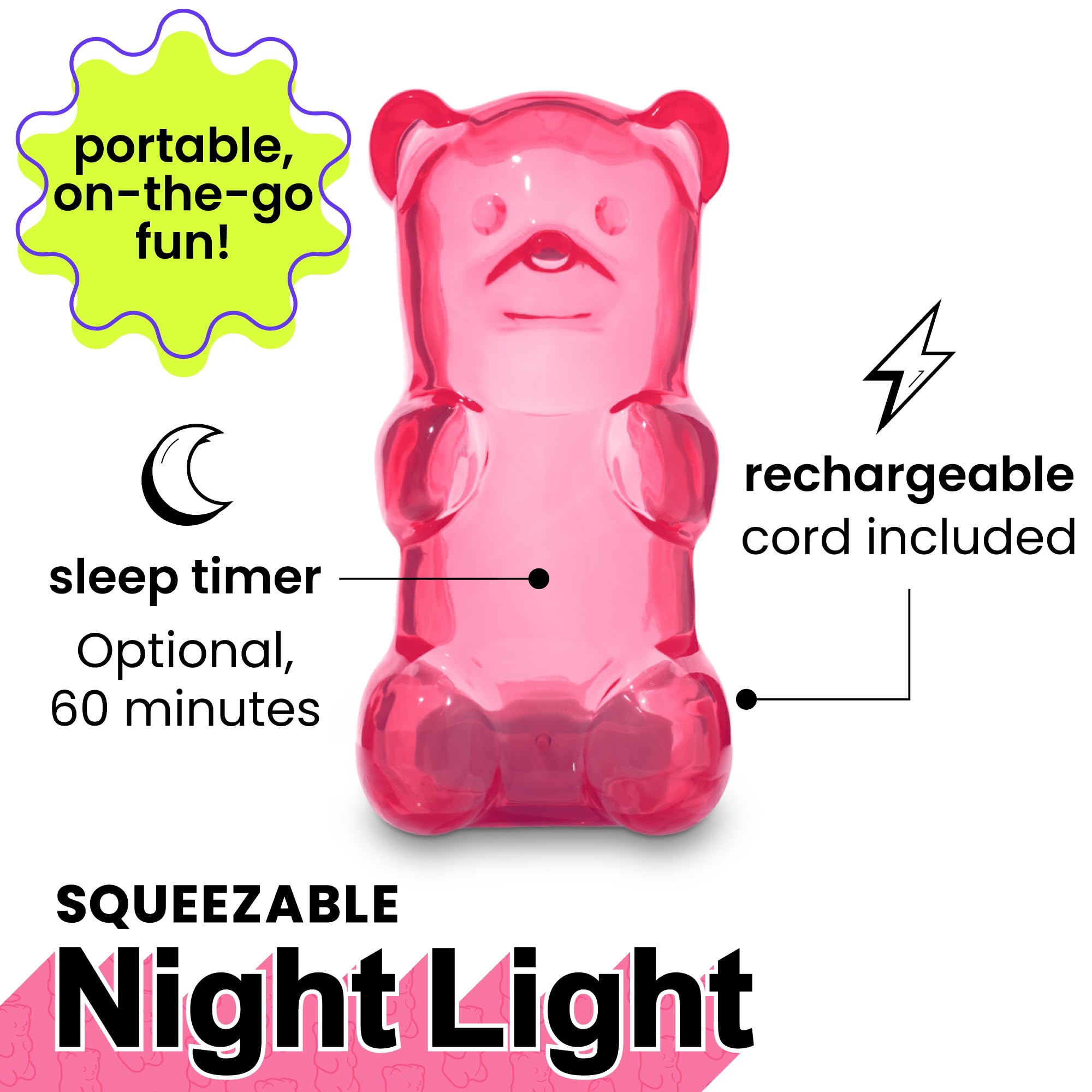 Rechargeable Squeezable Gummy Bear Night Light - Portable Squishy Lamp with 60-Min Sleep Timer | Perfect for Kids Room, Nursery, Dorm Decor & Christmas Gifts (Pink) - Ideal for Bedtime, Relaxation & Nighttime Comfort
