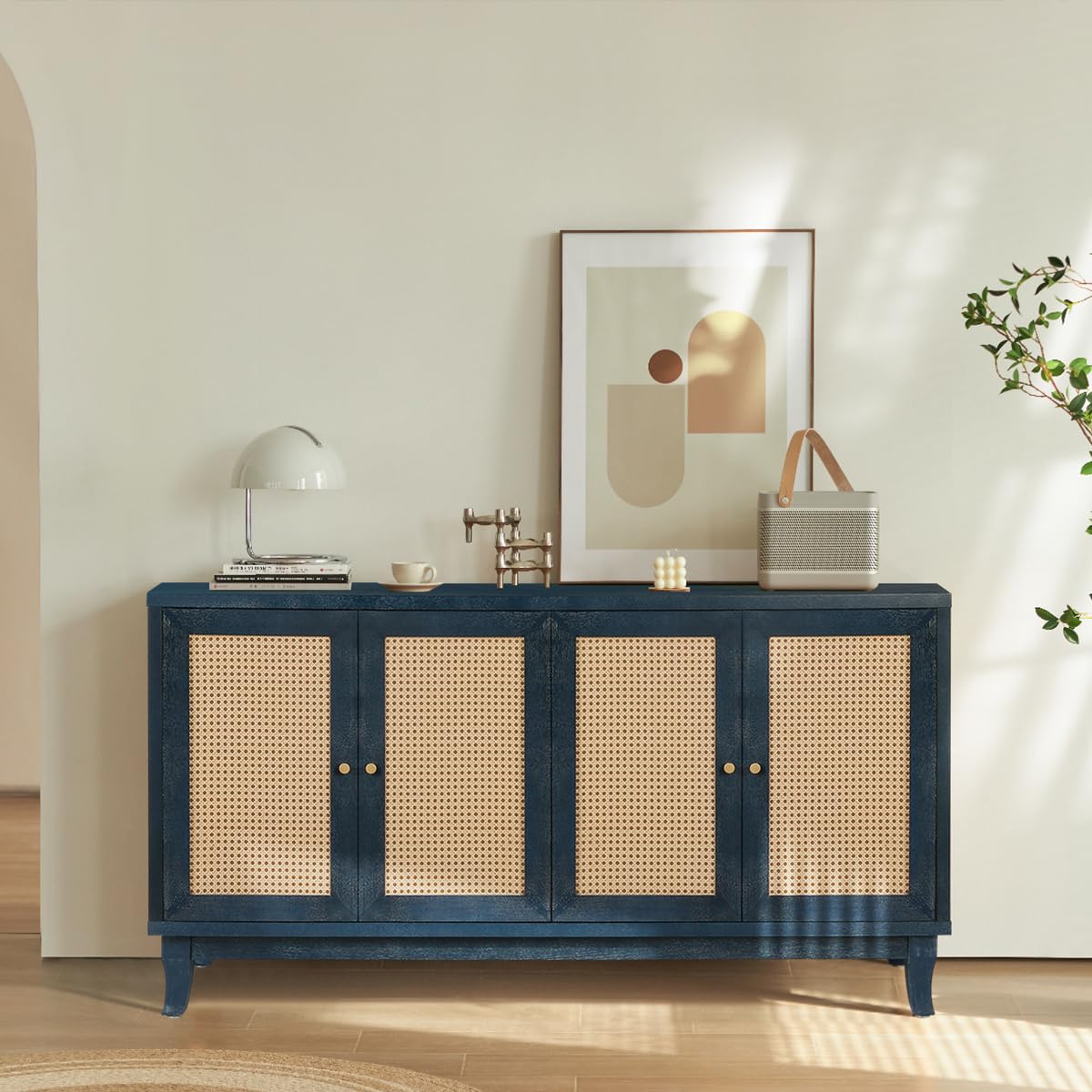 Modern Rattan Sideboard Buffet Cabinet with 4 Woven Doors - Adjustable Shelves Storage Console Table for Living Room, Dining Room & Hallway - Antique Blue Accent Furniture for Farmhouse & Coastal Decor