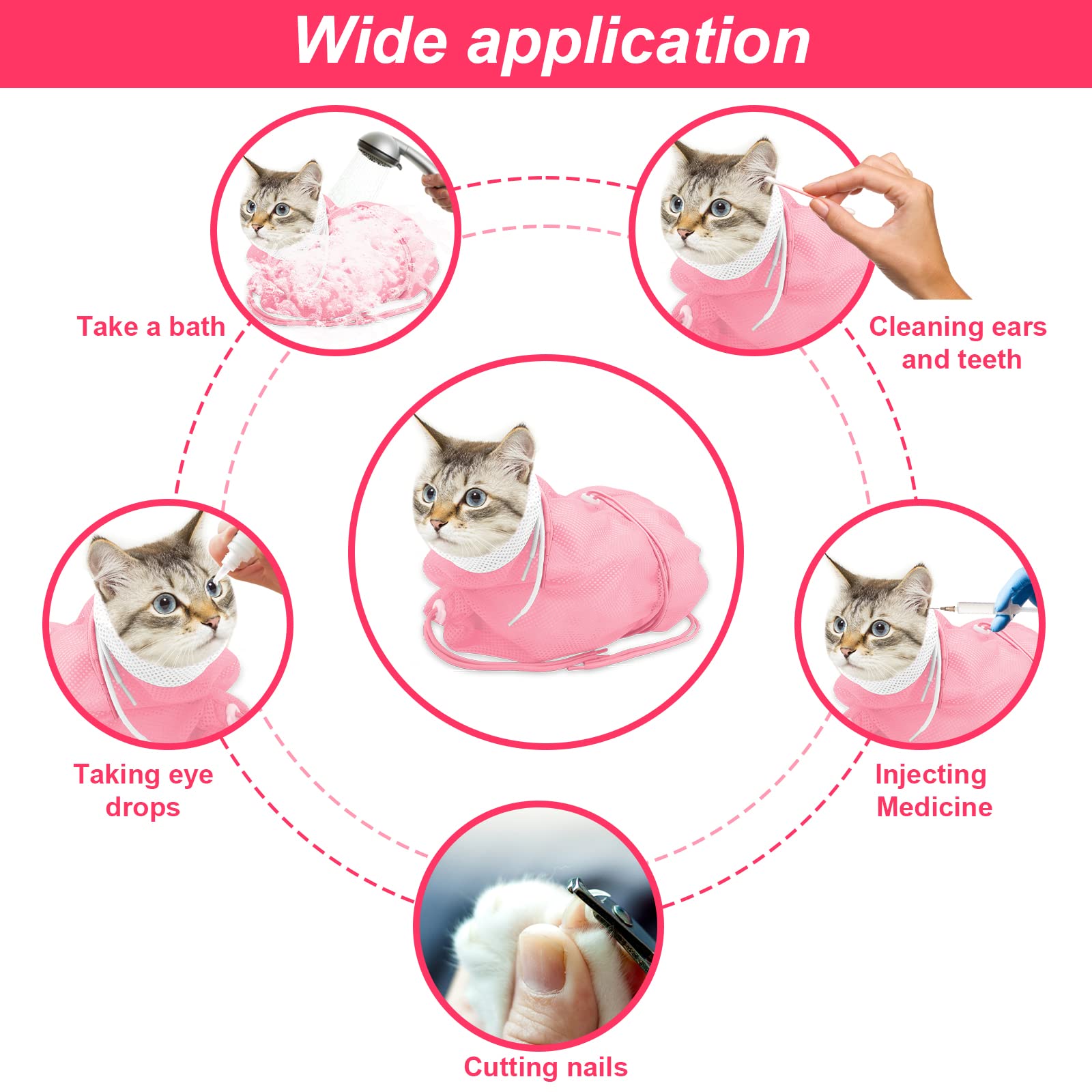 **Breathable Mesh Cat Bathing Bag - Adjustable Anti-Scratch Cat Shower Grooming Bag for Nail Trimming & Washing - Soft Polyester Pet Grooming Accessories (White-Pink) - Perfect for Stress-Free Cat Bathing & Vet Visits**