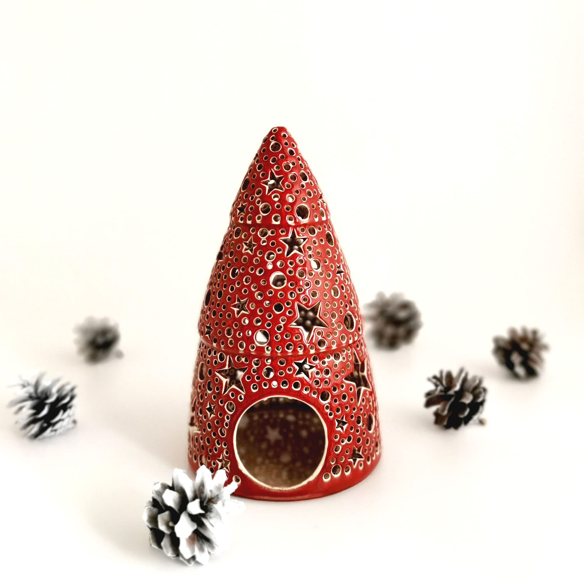 Handmade Red Christmas Tealight Holder - Ceramic Candle Lantern with Stars & Bubbles Design for Holiday Decor, Xmas Tabletop Centerpiece, Gift Idea (Perfect for Mantel Decor, Dinner Party Lighting, Winter Wedding Decorations)