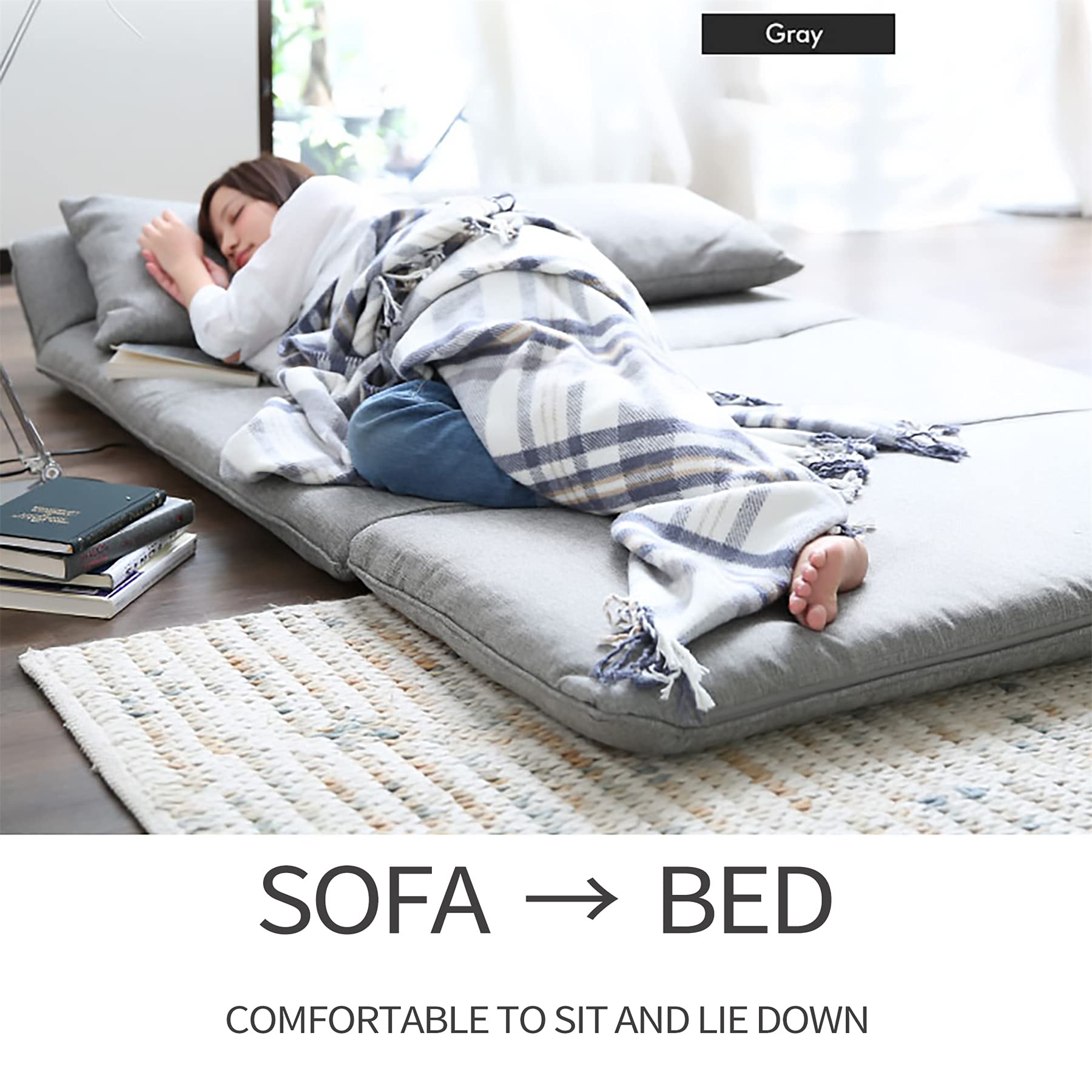 Adjustable Lazy Sofa Bed - Foldable Floor Chaise Lounge Chair, Gaming Sofa Mattress & Futon Couch with 2 Pillows (Gray) | Perfect for Small Spaces, Living Rooms, Dorms & Game Rooms
