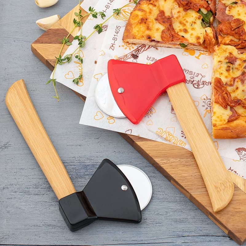 Ahoo Axe Pizza Cutter with Sharp Rotating Blade & Bamboo Handle - Perfect for Cutting Pizza, Bread, Cakes - Dishwasher Safe (Black) - Ideal for Home Kitchens, Restaurants, and Outdoor Cooking