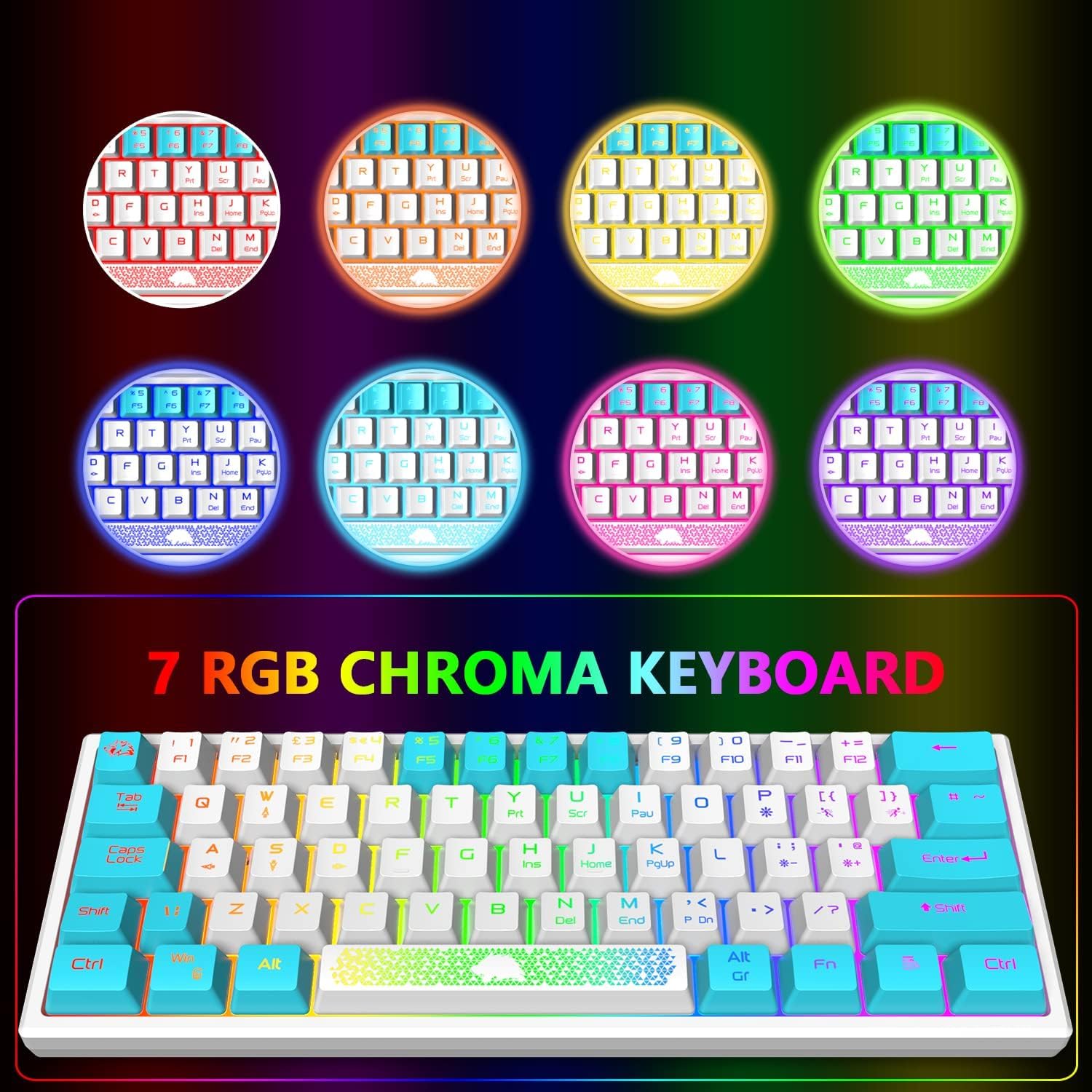 K61 60% Wired Mechanical Gaming Keyboard - UK Layout, RGB Backlit with 7 Lighting Effects, Waterproof, 19-Key Anti-Ghosting, White & Blue Keycaps for PC/MAC/Laptop - Perfect for Esports, Office Work & Typing
