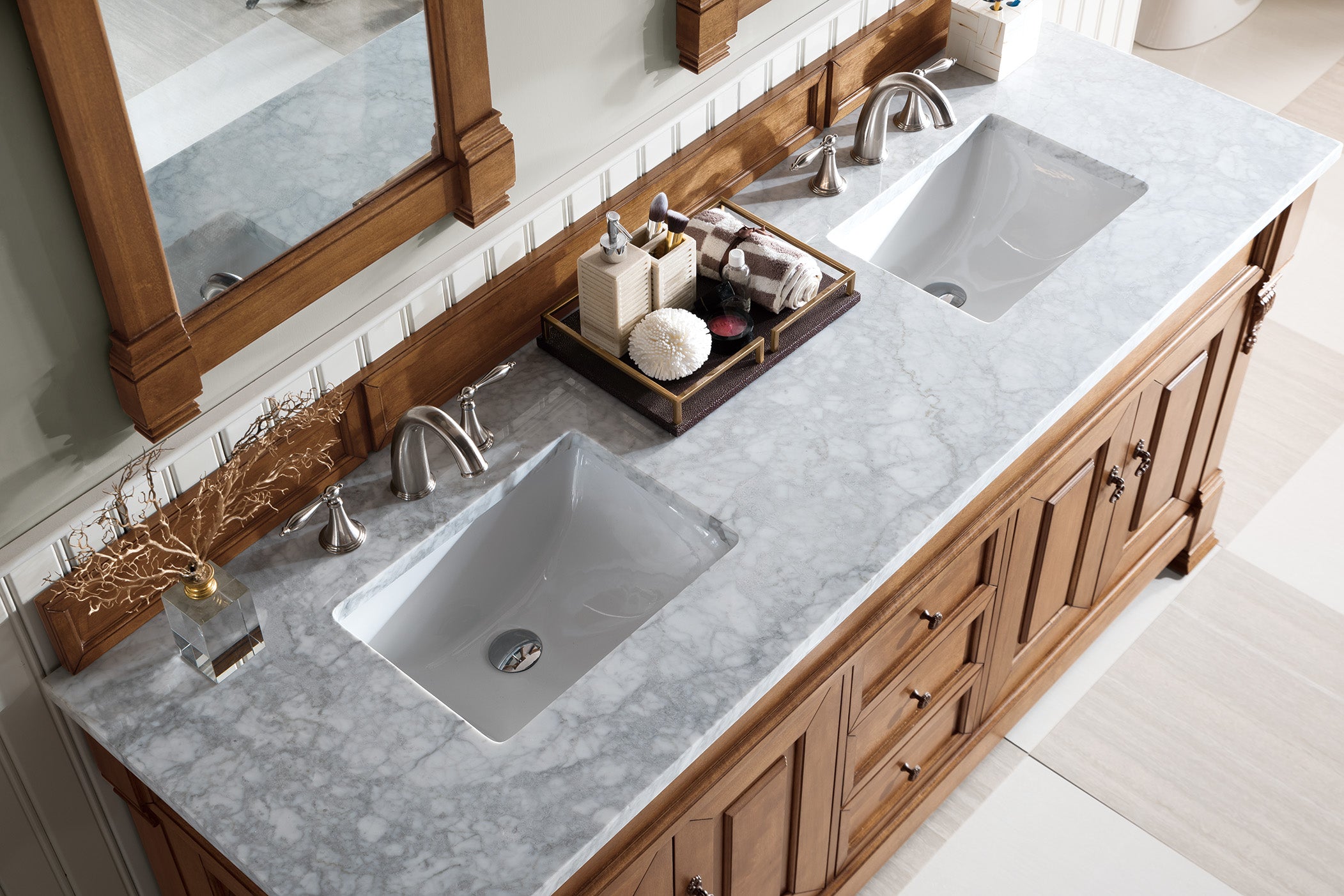 Brookfield 72-Inch Double Vanity with Country Oak Finish & 3CM Carrara Marble Top – Perfect for Master Bathroom & Luxury Home Renovation