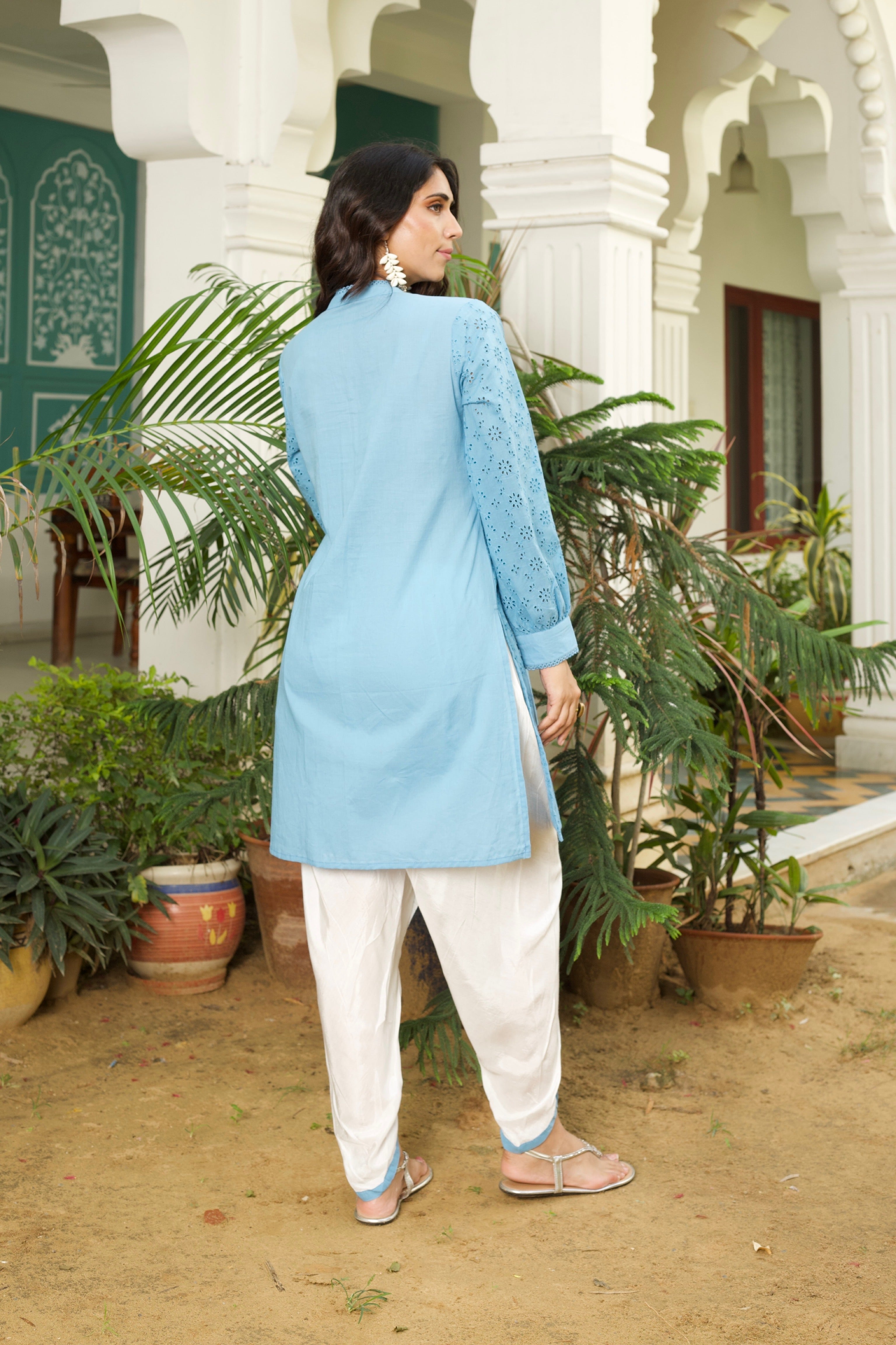 Blue and White Floral Jaal Kurta with Tulip Pants Set | Indian Ethnic Wear for Women | Perfect for Festivals, Weddings & Special Occasions