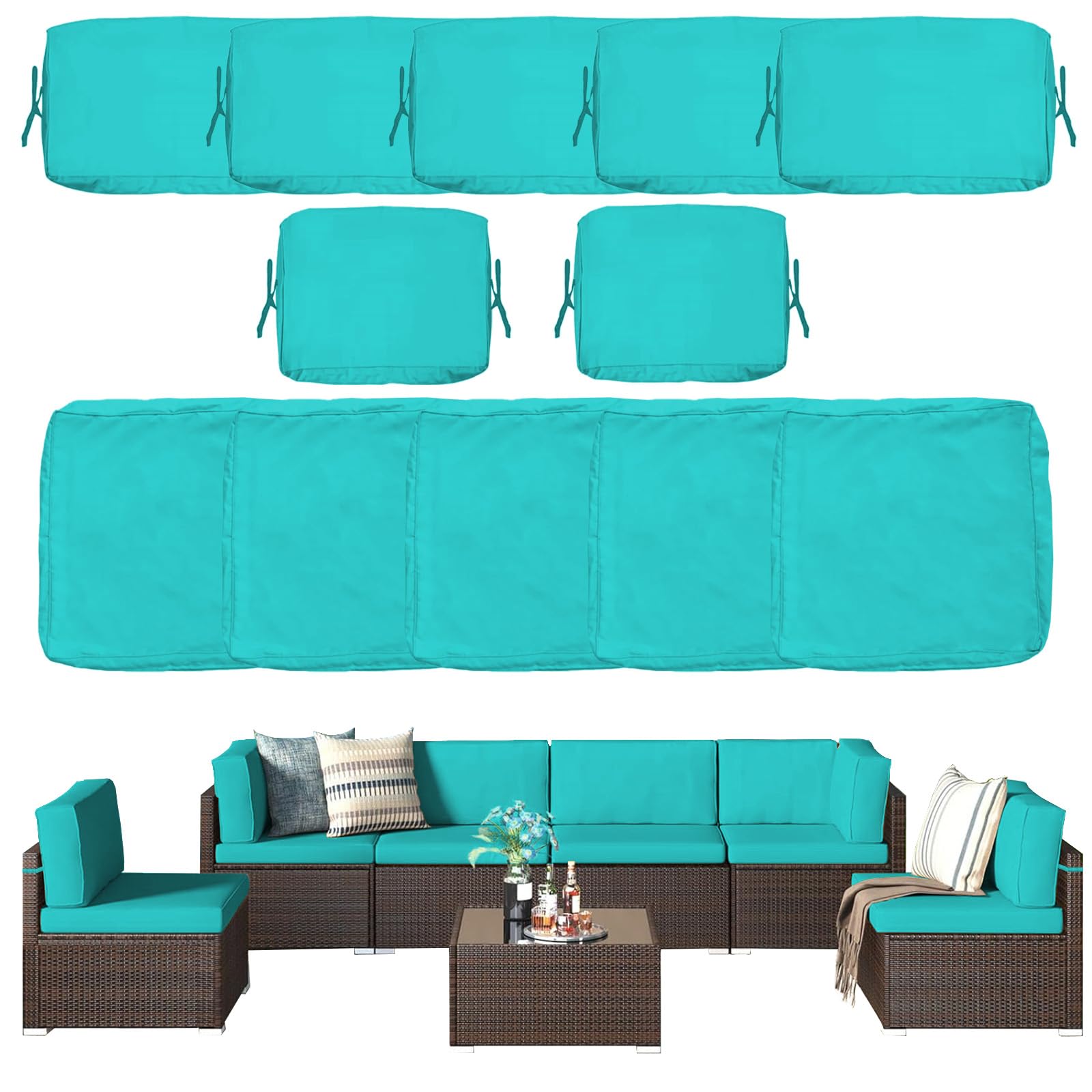 Waterproof Outdoor Cushion Covers for Patio Furniture - 12PC Washable Replacement Covers with Zipper & Ties for Wicker Rattan Sofa, Chair (Lake Blue) | Perfect for Backyard, Deck, Poolside & Garden Seating