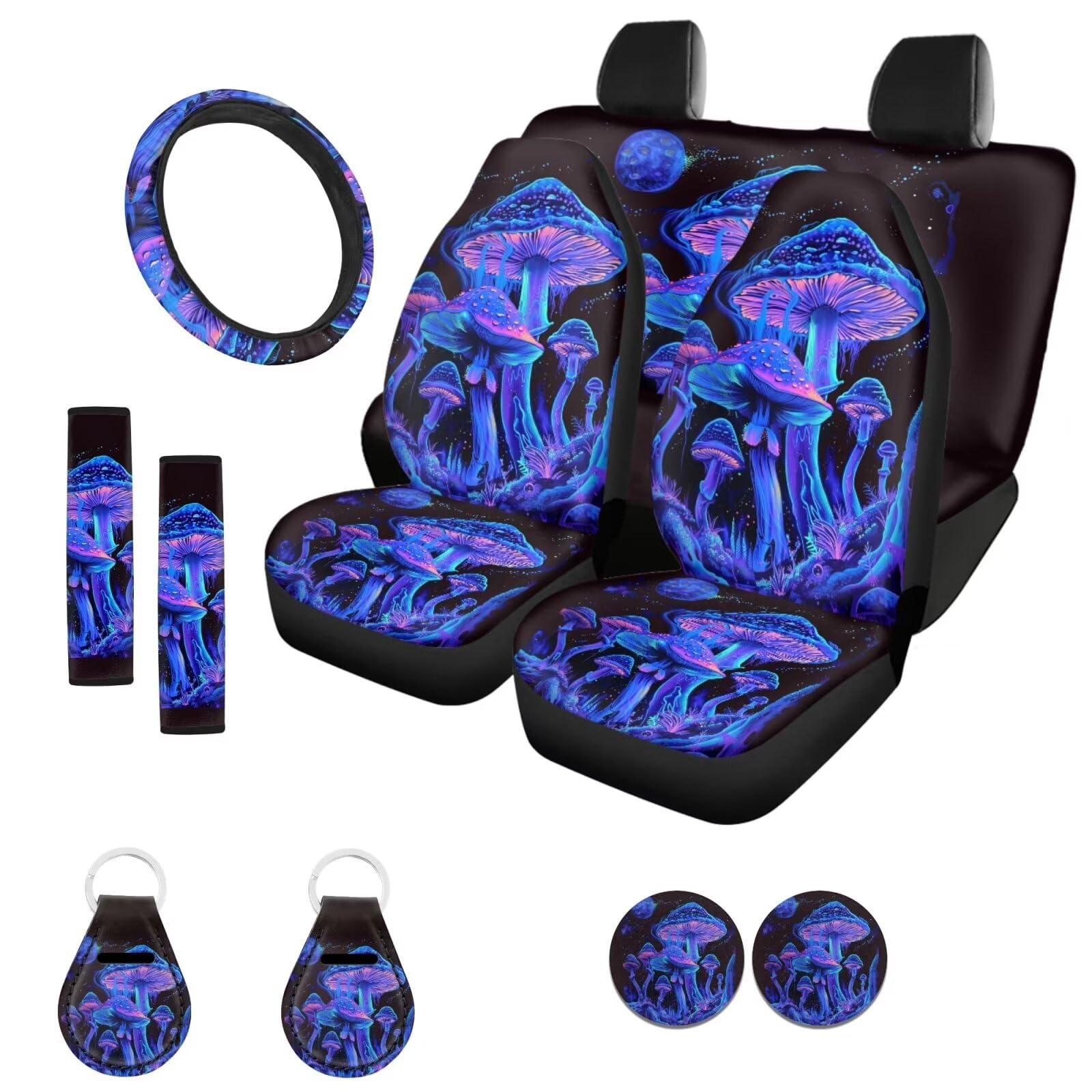 Universal Mushroom Car Seat Cover Set - Front & Rear Bench Bucket Seat Protector with Steering Wheel Cover, Seatbelt Strap Cover, Auto Coasters & Keychains - Trippy Galaxy Purple Blue Design - Perfect for Road Trips & Daily Commute