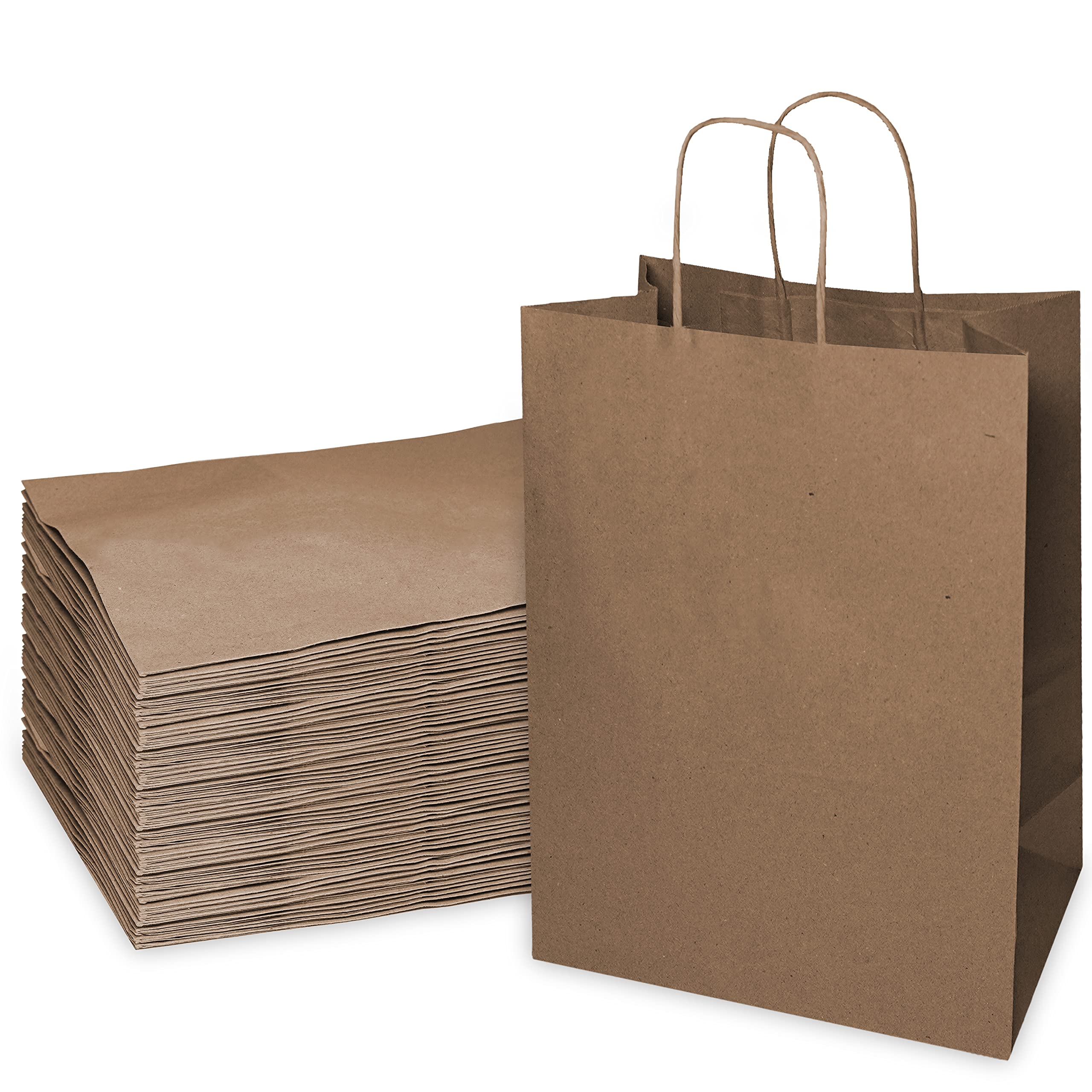EcoQuality 100-Pack Large Brown Kraft Paper Bags with Handles 13x7x17 Inches - Eco-Friendly Shopping, Grocery, Gift & Party Bags for Retail, Lunches & Merchandise Packaging