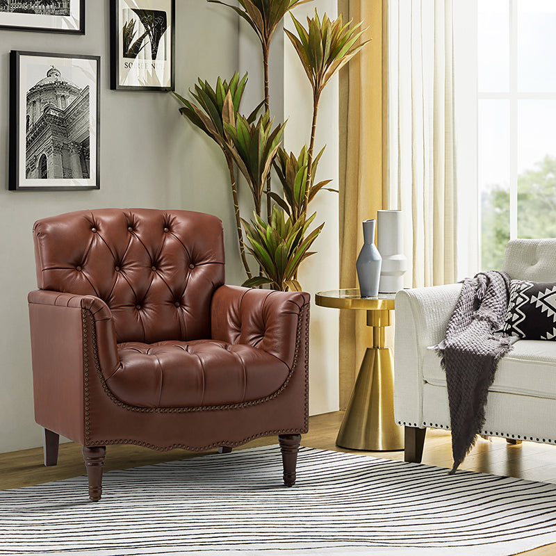 Premium Genuine Leather Armchair - Handcrafted Modern Lounge Chair for Living Room, Office & Study - Brown Leather Recliner with Solid Wood Frame - Perfect for Home Decor & Relaxation