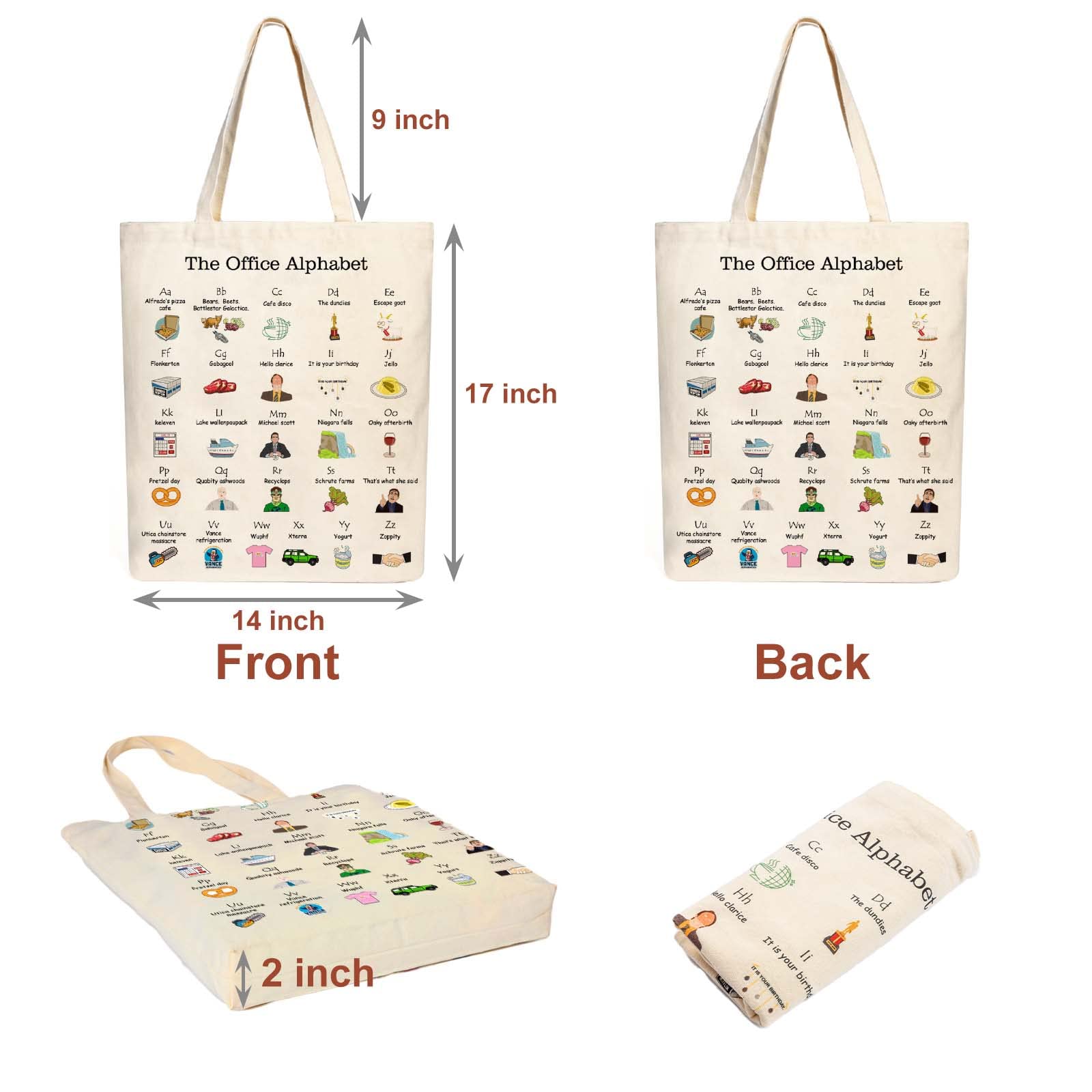 The Office Alphabet Tote Bag - Durable Canvas Reusable Grocery Bag for Fans | TV Show Merchandise Gift for Women & Office Workers | Perfect for Shopping, Travel, Work & Daily Commute - White