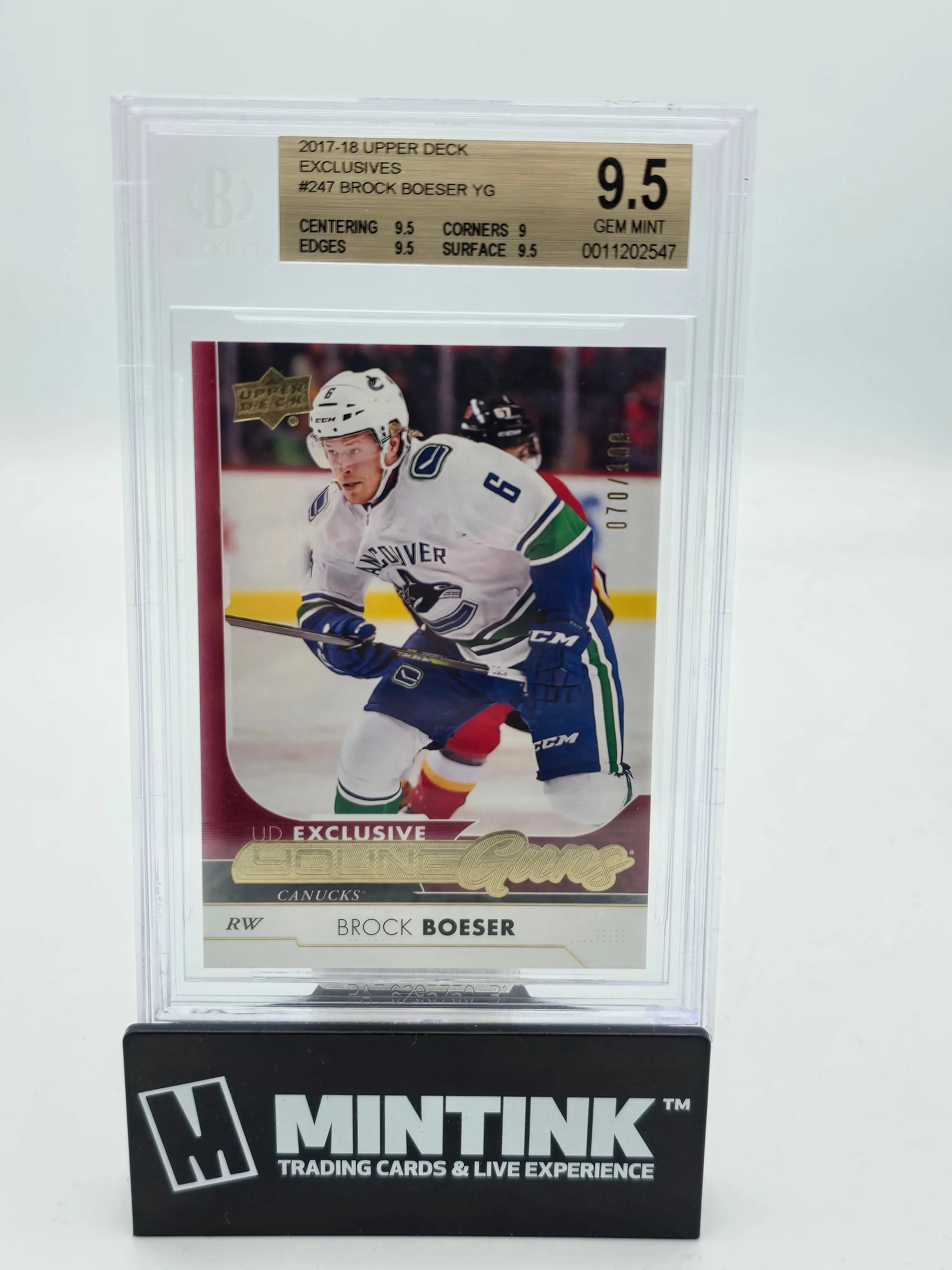 2017 Upper Deck Series 1 UD Exclusives Brock Boeser Young Guns Rookie Card BGS 9.5 /100 - Rare Hockey Collectible for Sports Memorabilia Fans & NHL Card Collectors - Perfect for Display, Investment, and Trading