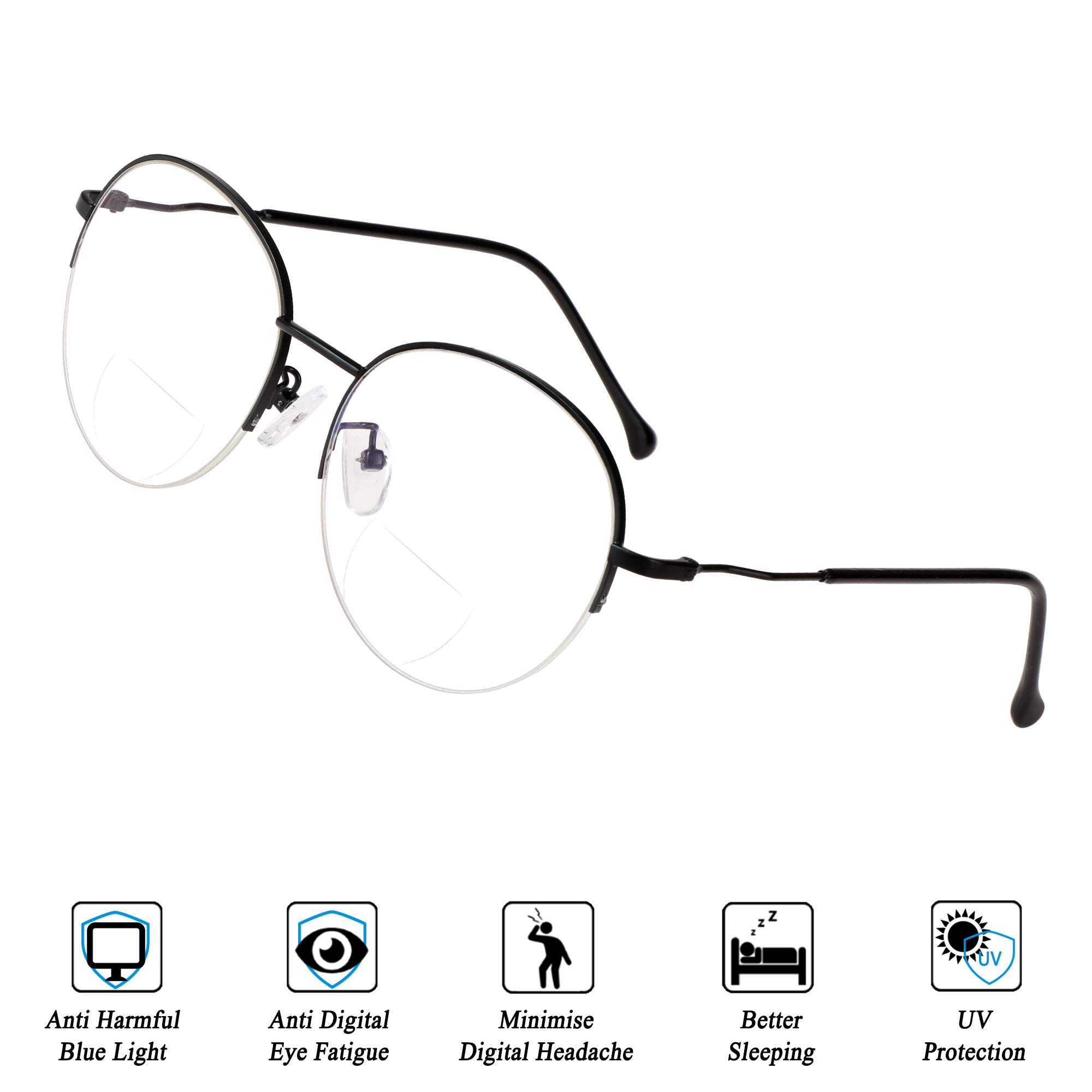 VisionGlobal Blue Light Blocking Bifocal Reading Glasses for Men & Women - Retro Round Computer Eyewear for Office Work, Screen Time & Reading