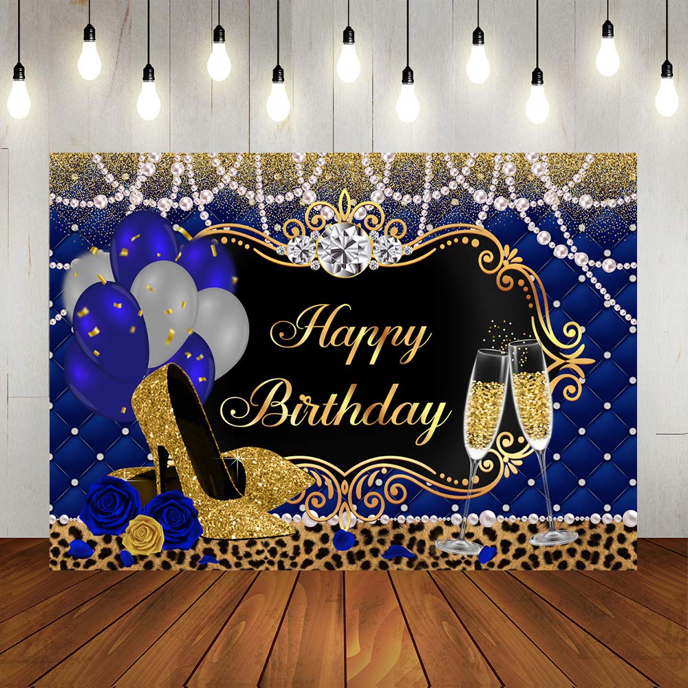 Lofaris Gold & Royal Blue Birthday Backdrop - Elegant Happy Birthday Party Background with High Heels, Balloons & Pearl Leopard Decor - Perfect for Women's Birthday Parties, Baby Showers & Special Events (7x5ft)