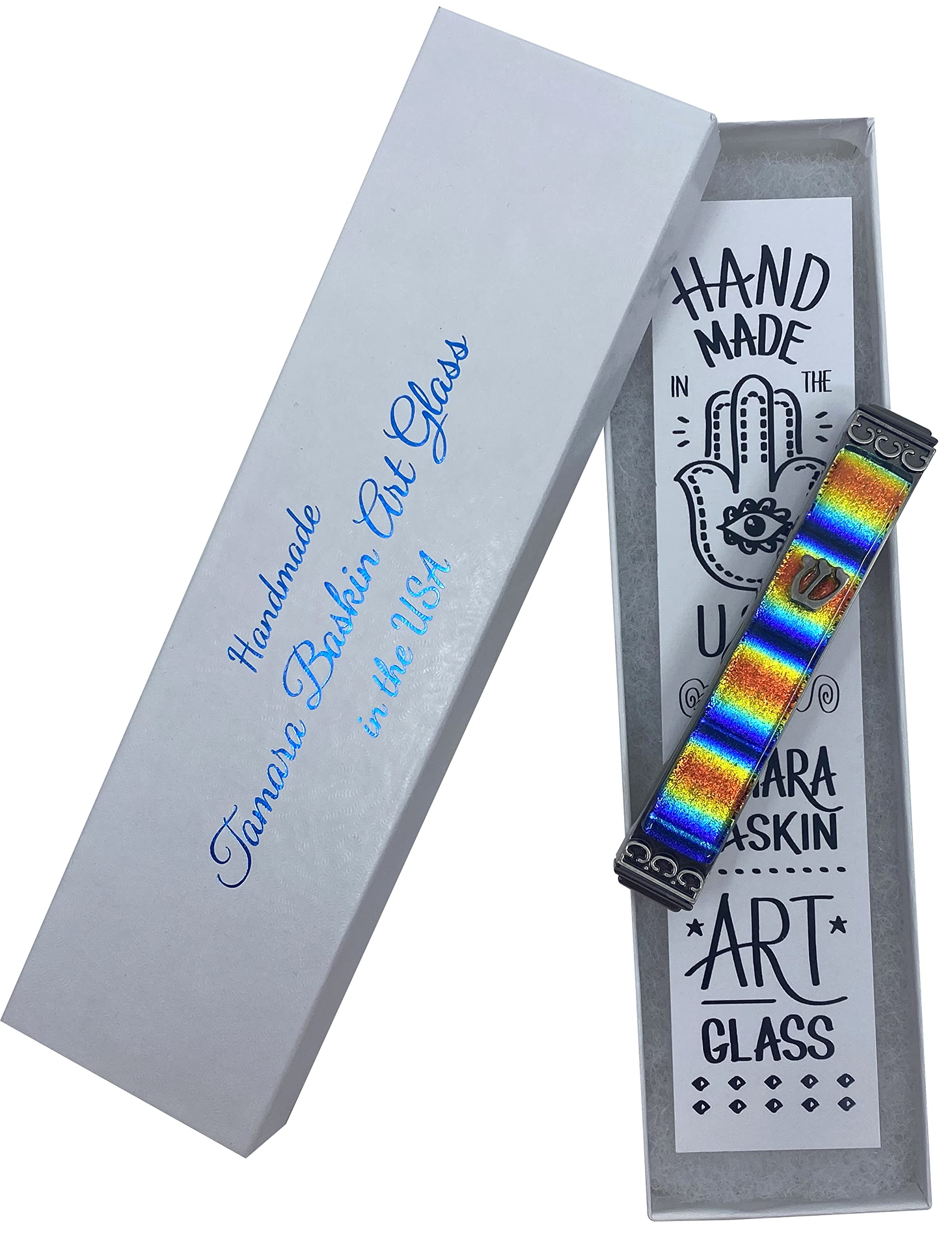 Handmade Art Glass Mezuzah - Weatherproof, Sticky Back Mount for Indoor/Outdoor Use - Perfect Jewish Home Gift