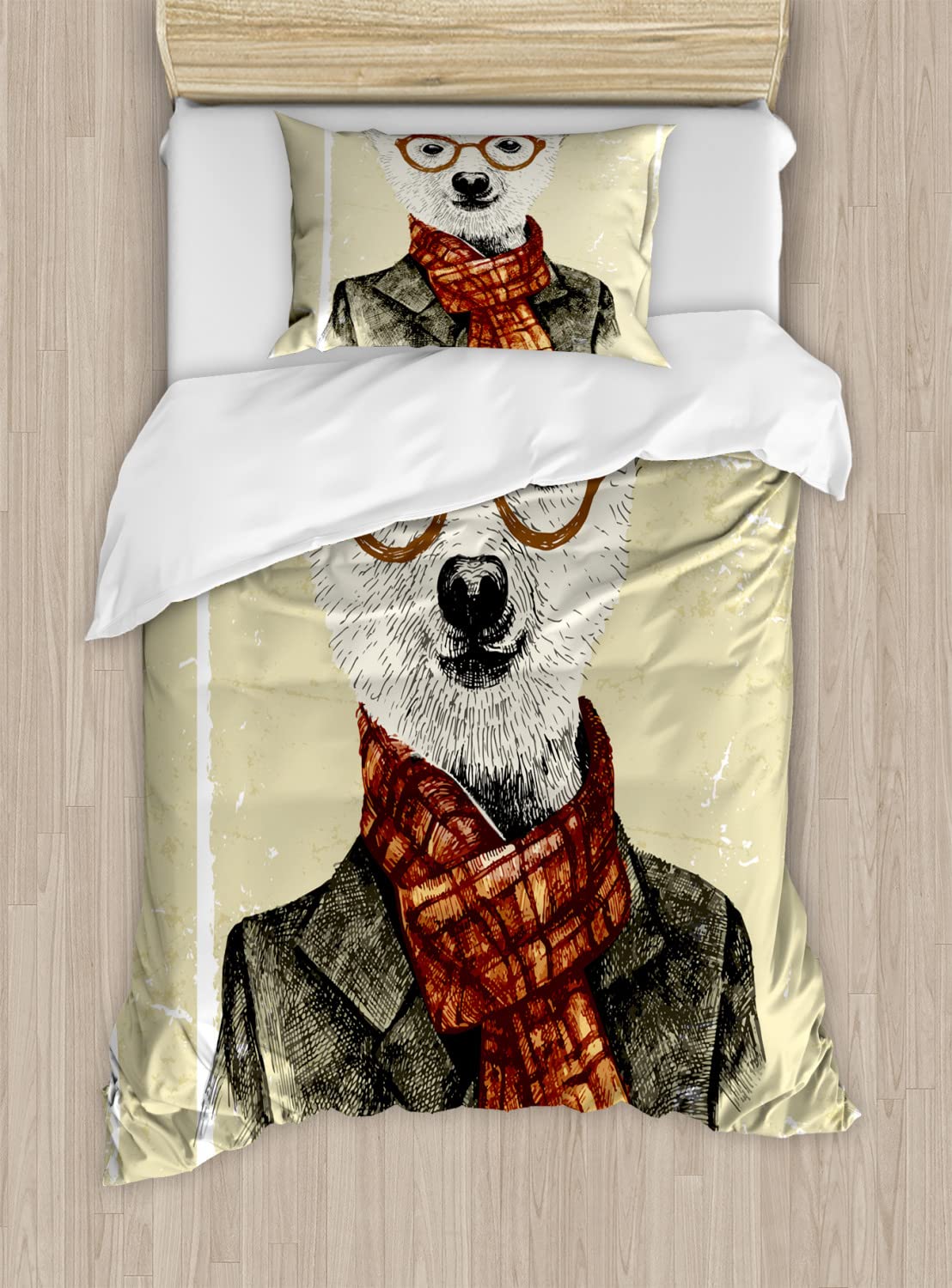 Ambesonne Animal Duvet Cover Set - Hipster Bear with Glasses Scarf Jacket Design, Wild Mammal Humorous Art Bedding, 2-Pack Queen Size (Cream Dark Orange Black) - Includes 2 Duvet Covers & 4 Pillowcases - Perfect for Teens Rooms, Dorm Decor & Unique Gift Ideas