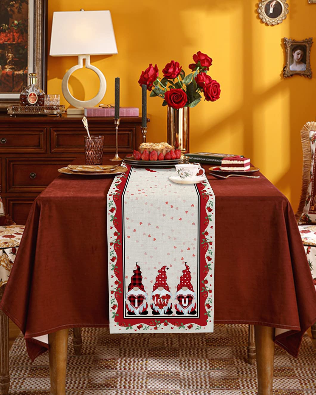 72 Inch Long Linen Table Runner with Valentine's Day Gnome & Heart Design - Elegant Kitchen & Dining Table Decor for Parties, Weddings, Home Decor (13x72 Inches) - Perfect for Romantic Dinners, Holiday Celebrations & Special Occasions