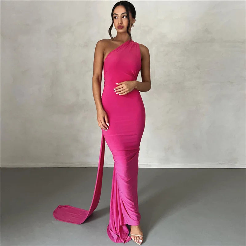 2023 New Fashion Elegant Maxi Dress for Women - Sexy One Shoulder Bodycon Slim Pleated Solid Backless Party Dress | Perfect for Club Nights, Evening Events & Special Occasions