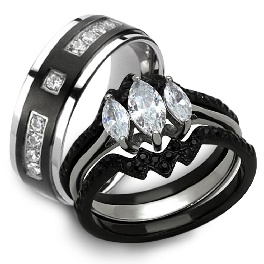 His & Her Wedding Rings Set - Black & Silver Stainless Steel & Titanium Bands for Couples