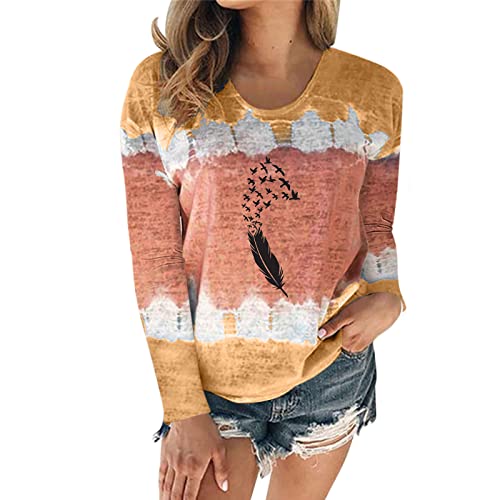 Women's Casual Tie-Dye Feather Print Long Sleeve T-Shirt Blouse - Soft Round Neck Top for Everyday Wear (Khaki, S) | Perfect for Fall Layering, Weekend Outfits & Boho Fashion Styles