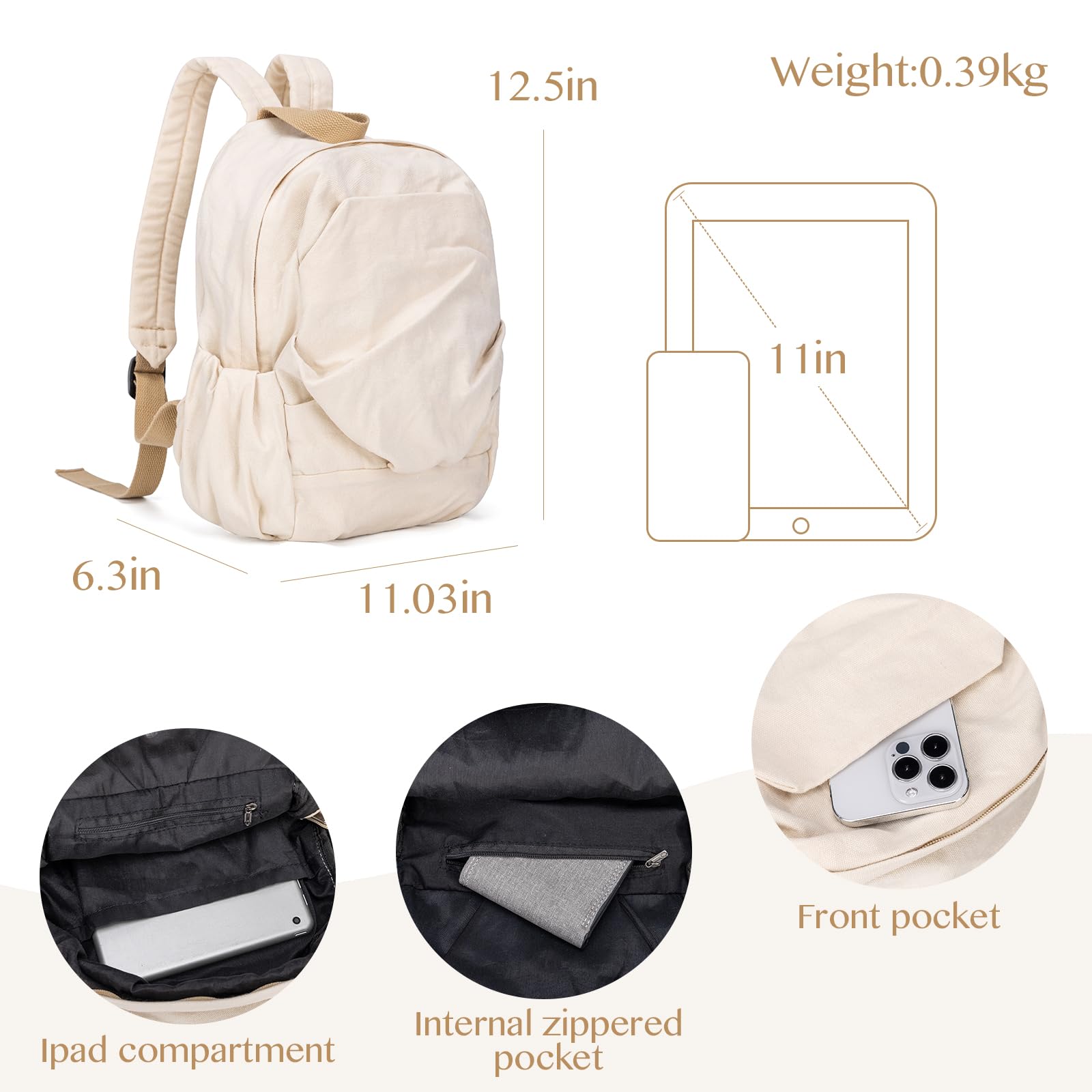 Vintage Canvas Backpack for Women & Men - Mini White Daypack for Travel & Casual Use