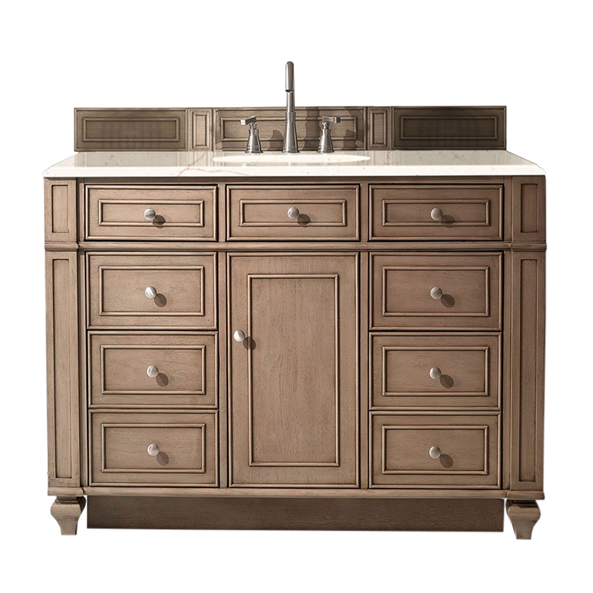 Bristol 48 Inch Single Bathroom Vanity Set with Whitewashed Walnut Finish & 3CM Eternal Marfil Quartz Countertop - Perfect for Modern Farmhouse, Coastal, or Transitional Bathroom Designs