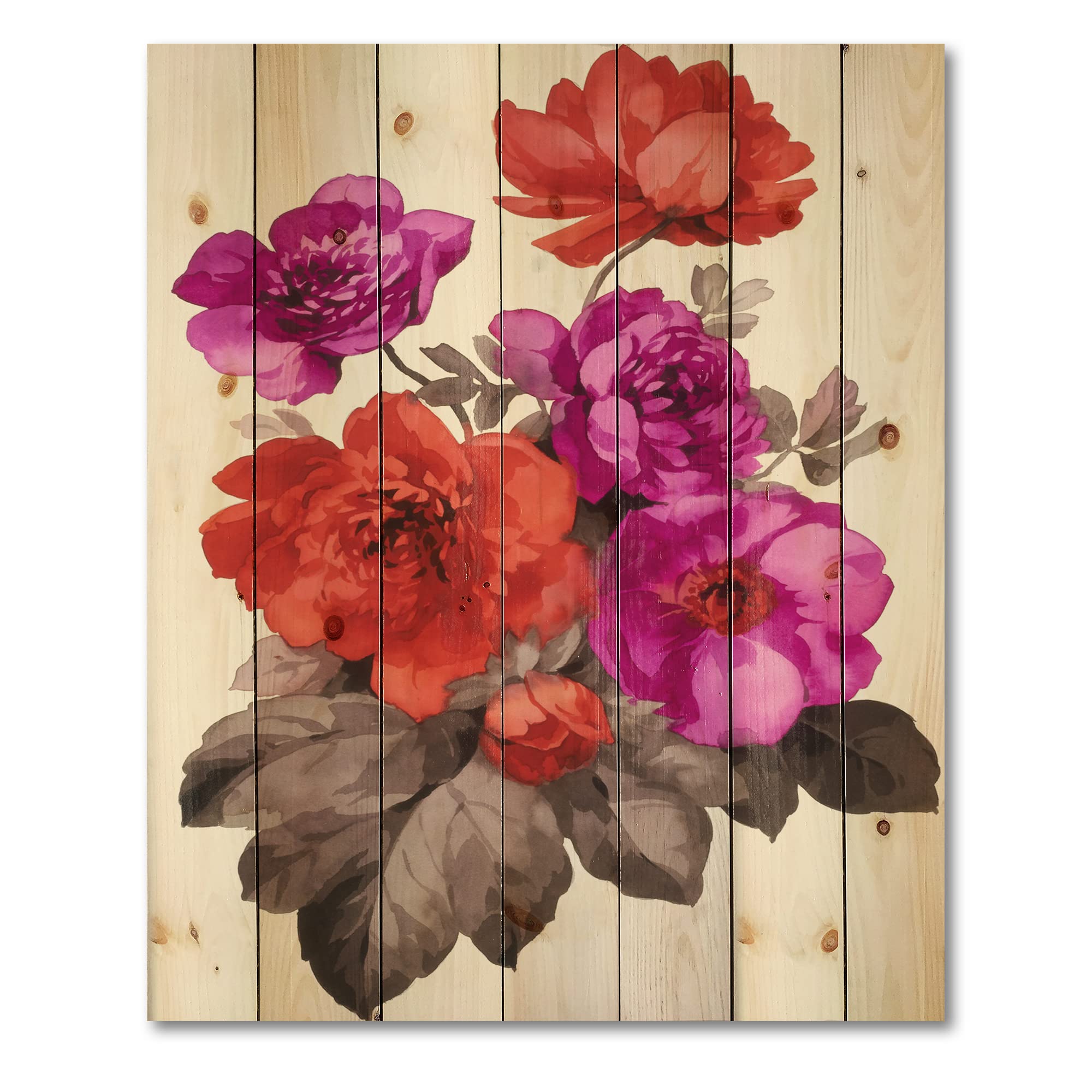 DesignQ Red & Fuchsia Floral Traditional Wood Wall Decor - Purple Large Floral Wall Art Panel Printed on Natural Pine Wood - Perfect for Living Room, Bedroom & Home Office Decoration
