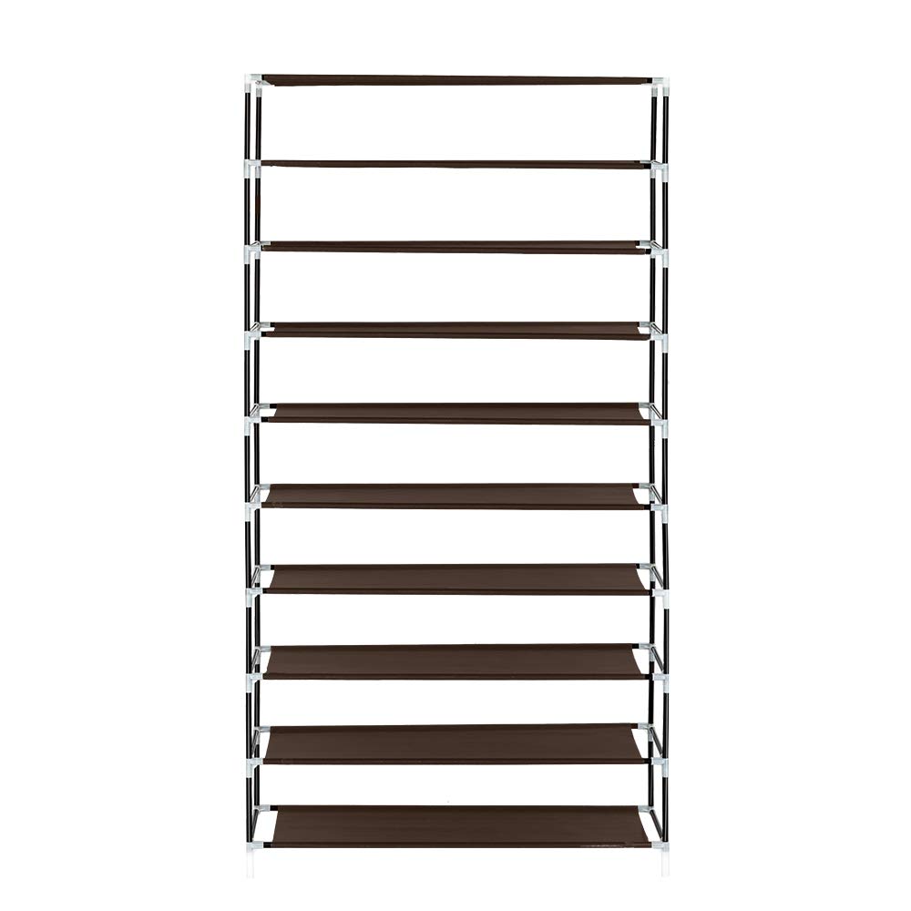 10-Tier Non-Woven Fabric Shoe Rack with Dustproof Cover - Large Shoe Storage Organizer with 2 Side Pockets for Closet, Bedroom, Garage - Space Saving Dark Brown Shoe Shelf for Sneakers, Boots & Heels