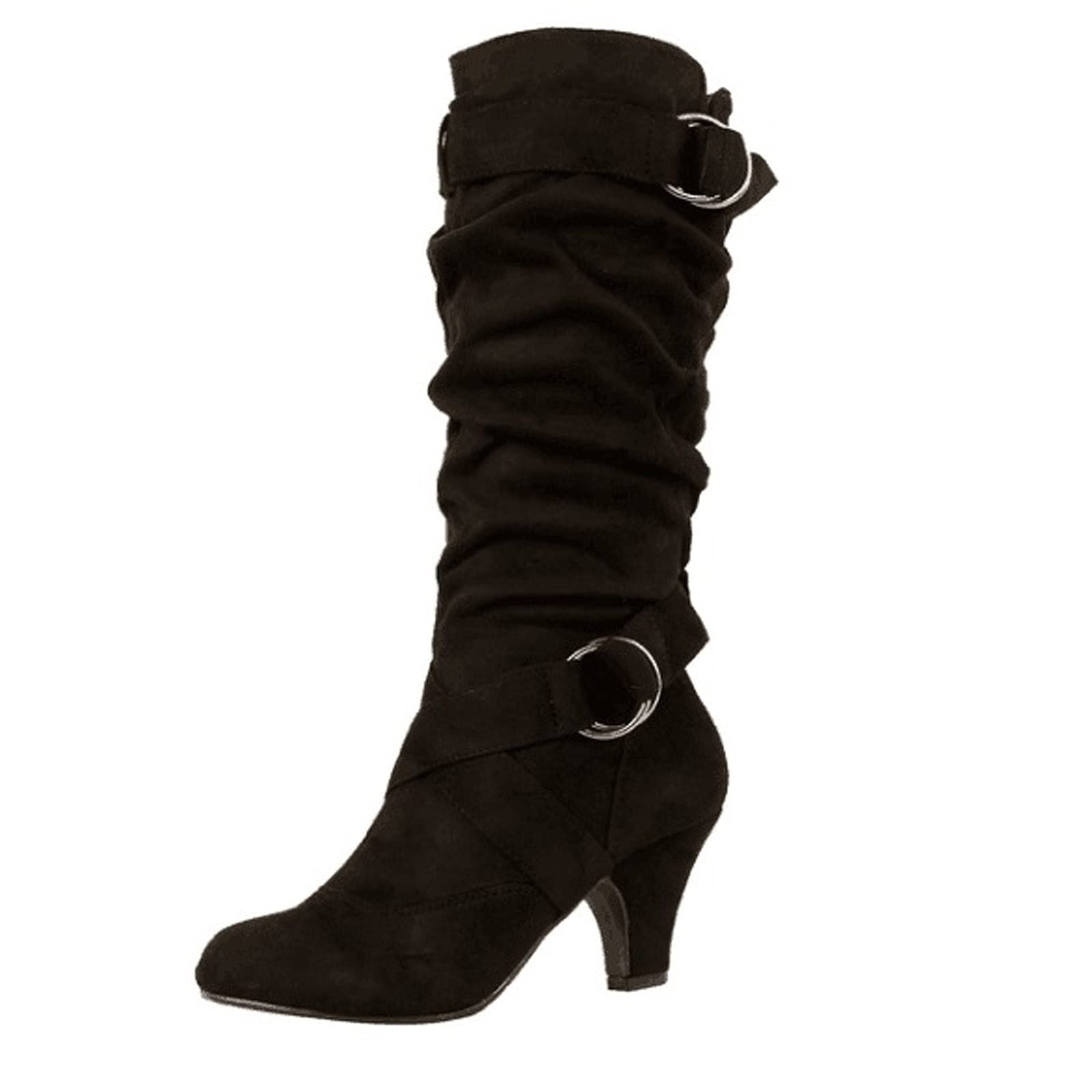 BeetleNew Women's Fashion Winter Boots - Kitten Heel Calf Boots with Round Toe, Mid Heel Suede Shoes, Twin Buckle & Zip Closure, Ruched Slouch Booties (UK Size 7, Black Suede) - Perfect for Office, Parties & Winter Outfits
