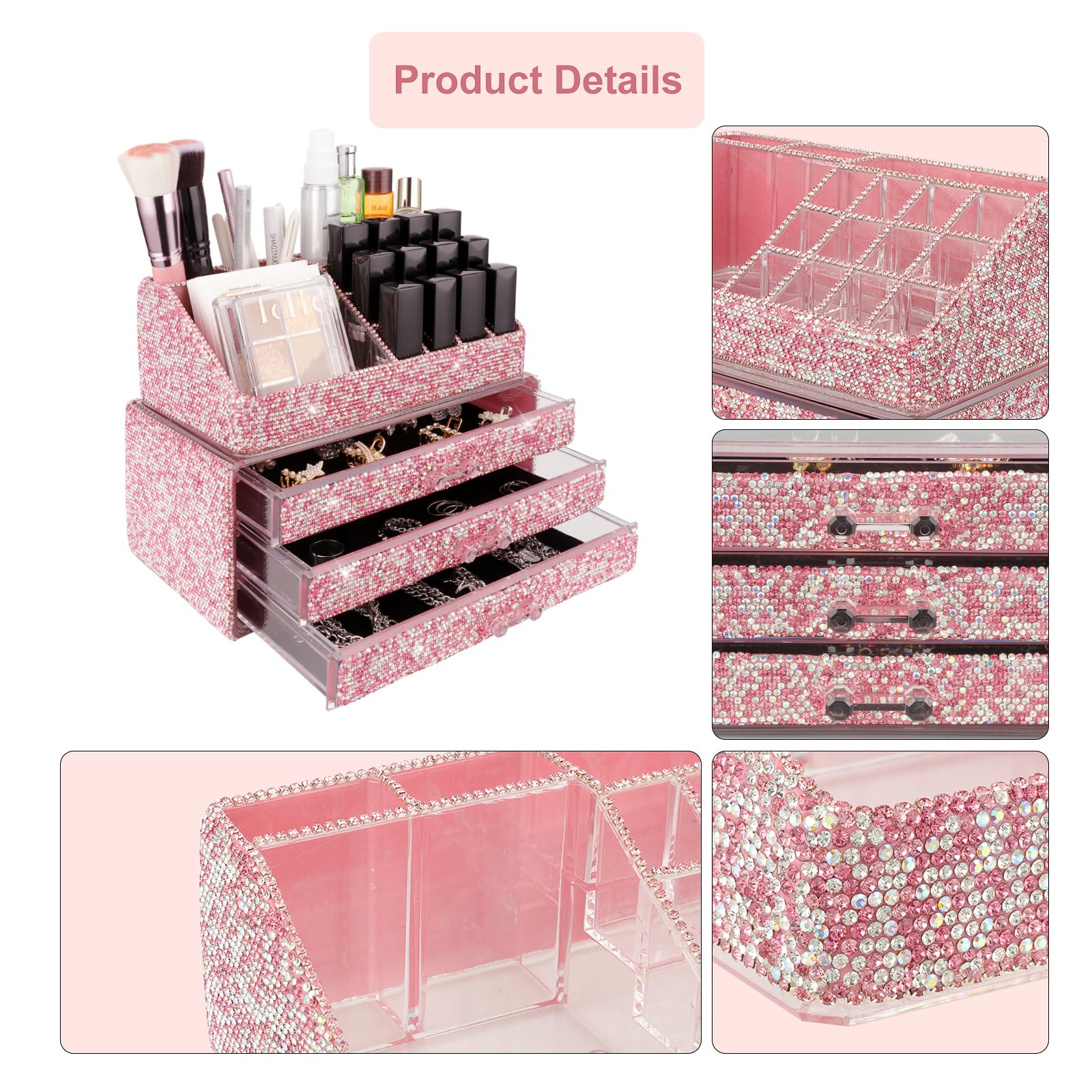 KEYPOWER Bling Diamond Makeup Organizer Drawer Set - 2 Piece Pink Cosmetic Storage Box with Jewelry Display & Brush Holder | Handmade for Vanity, Bathroom, or Dresser Countertop Organization