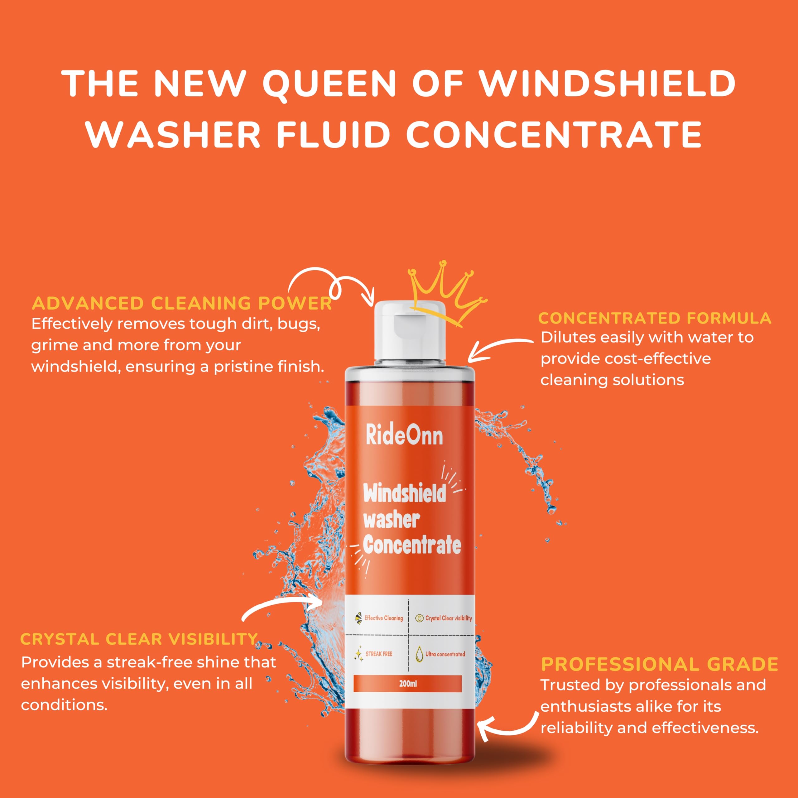 RideOnn Premium Windshield Washer Fluid Concentrate - 200ml Car Glass Cleaner & Wiper Fluid for All Vehicles - Safe for All Seasons, Rain & Snow - Pack of 1 (Ideal for Road Trips & Winter Driving)