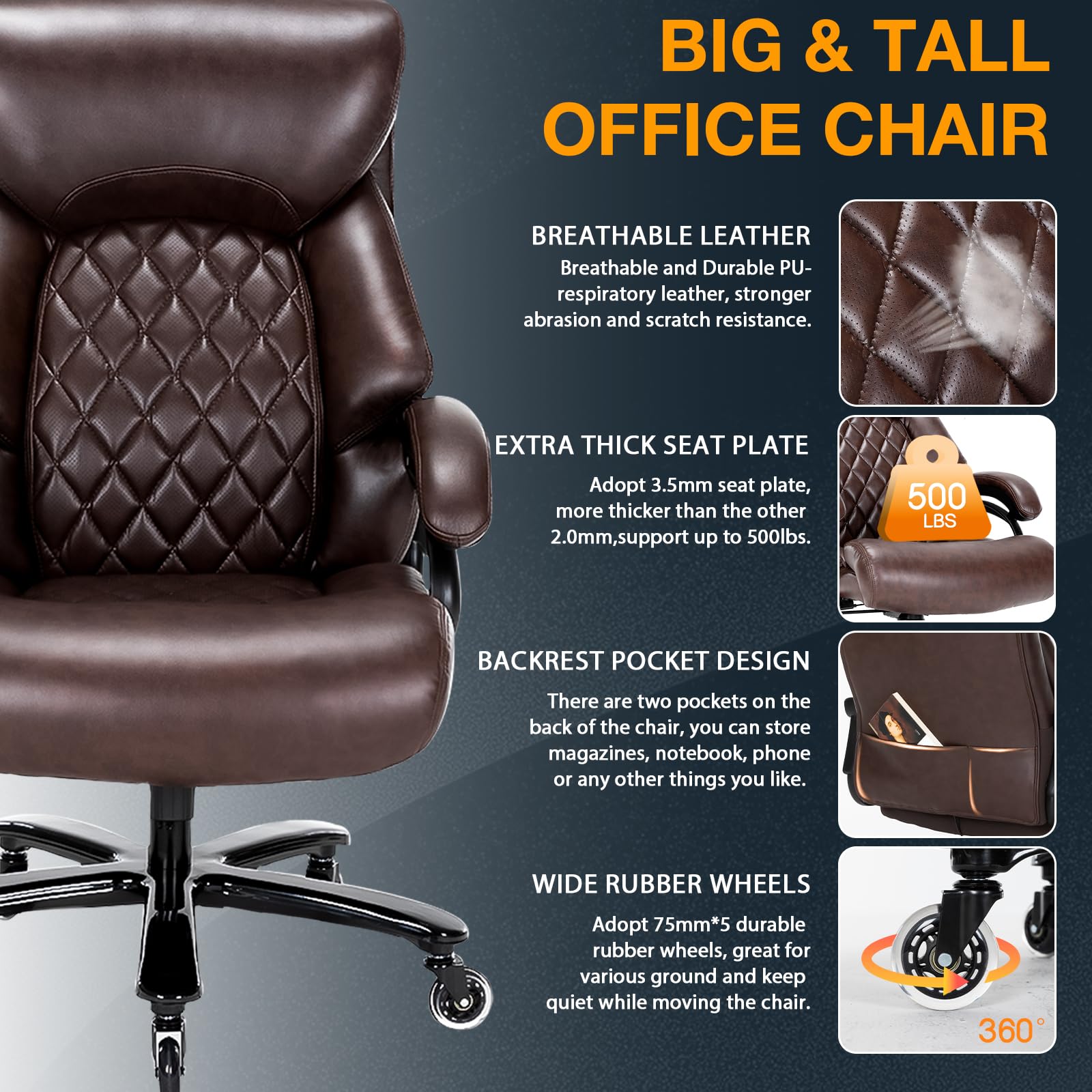 Big and Tall Office Chair for Heavy People up to 500LBS - High Back Extra Wide Executive Chair with Adjustable Lumbar Support - Heavy Duty Ergonomic Computer Desk Chair for Home Office - Brown (Perfect for Large Workspaces & Long Working Hours)