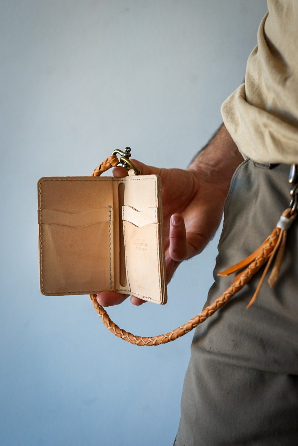 Mini Trucker Wallet with Braided Lanyard - Genuine Natural Vegetable Tanned Leather - Compact RFID Blocking Bifold Wallet for Men - Perfect for Travel, Work & Everyday Carry
