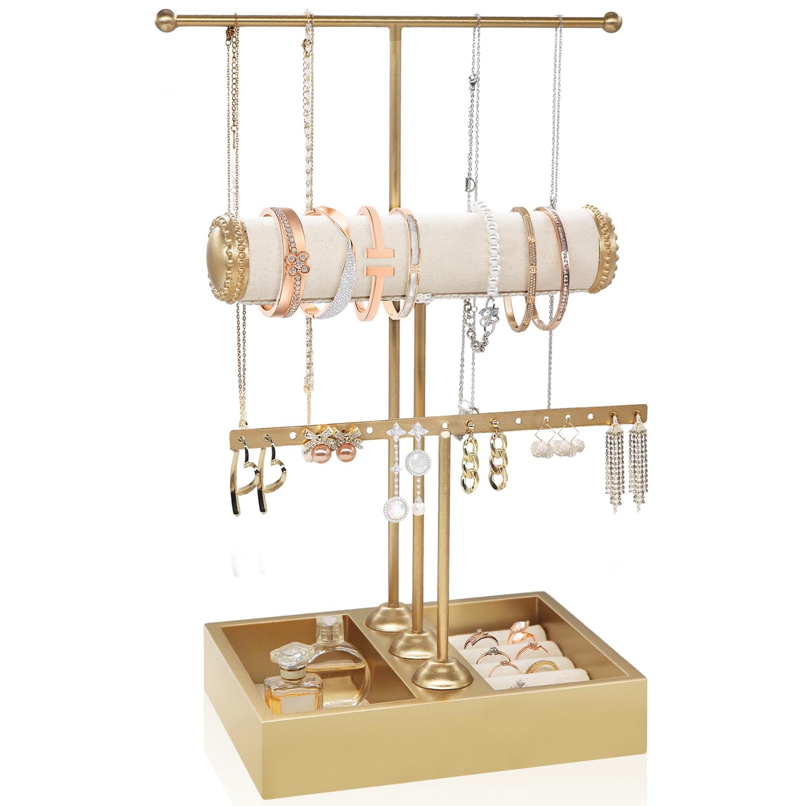 3-Tier Gold Jewelry Organizer Stand - Necklace, Earring, Bracelet & Ring Holder Display Tower | Perfect for Bedroom Vanity, Closet Organization & Jewelry Store Display