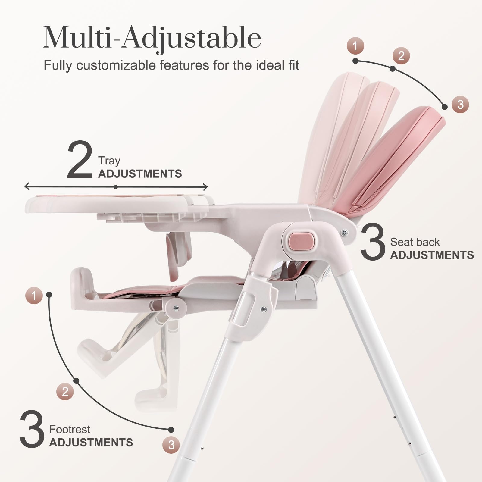 3-in-1 Convertible Baby High Chair with 6 Height & 3 Recline Adjustments - Foldable Toddler Feeding Chair with Removable Tray, 3 Detachable Toys & Built-in Wheels - Perfect for Dining, Weaning & Playtime at Home