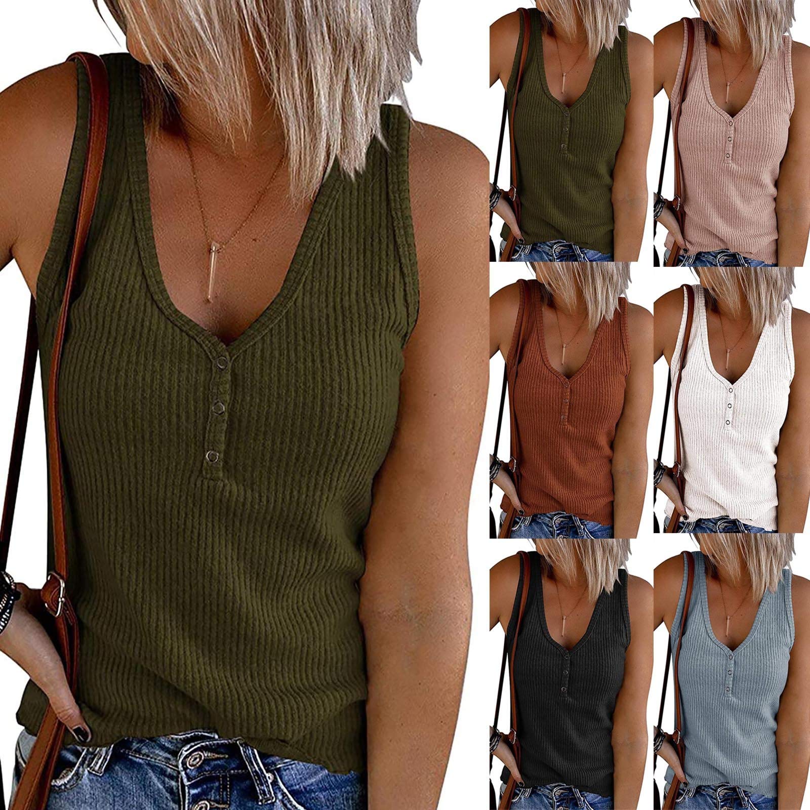 Women's V-Neck Waffle Knit Tank Tops - Loose Casual Sleeveless Henley Shirts for Summer, Workout & Athletic Wear | Button-Up Breathable Top for Gym, Yoga, Beach & Everyday Comfort