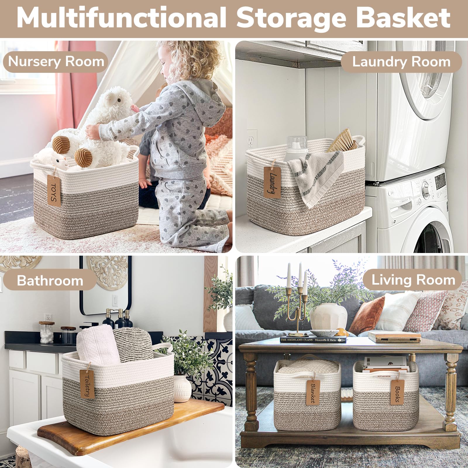 Goodpick Woven Storage Baskets 3-Pack - Nursery, Toy & Home Organizer - White & Brown, 13x10x9in