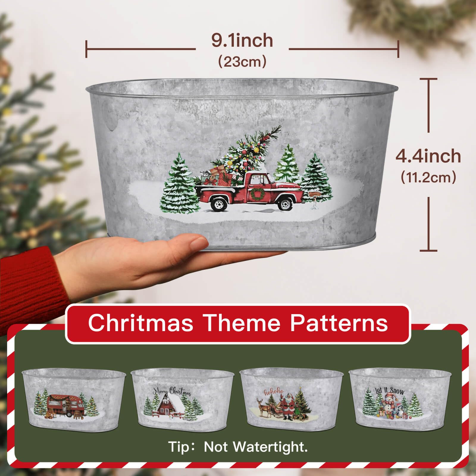 Christmas Metal Buckets Set of 5 - Galvanized Tin Pails for Holiday Decor, Party Centerpieces & Beverage Serving | 9 Inch Oval Pots for Home Table Decorations, Storage & Festive Celebrations