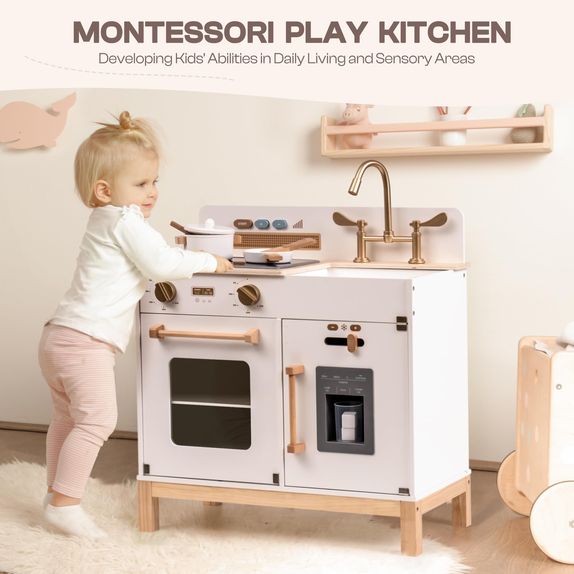 ROBOTIME Wooden Play Kitchen for Toddlers - Pretend Play Toy Kitchen with Real Lights, Sounds & Ice Cube Dispenser - Educational Gift for Kids Ages 3+ (White) | Perfect for Pretend Cooking, Role Play & Early Learning at Home or Preschool