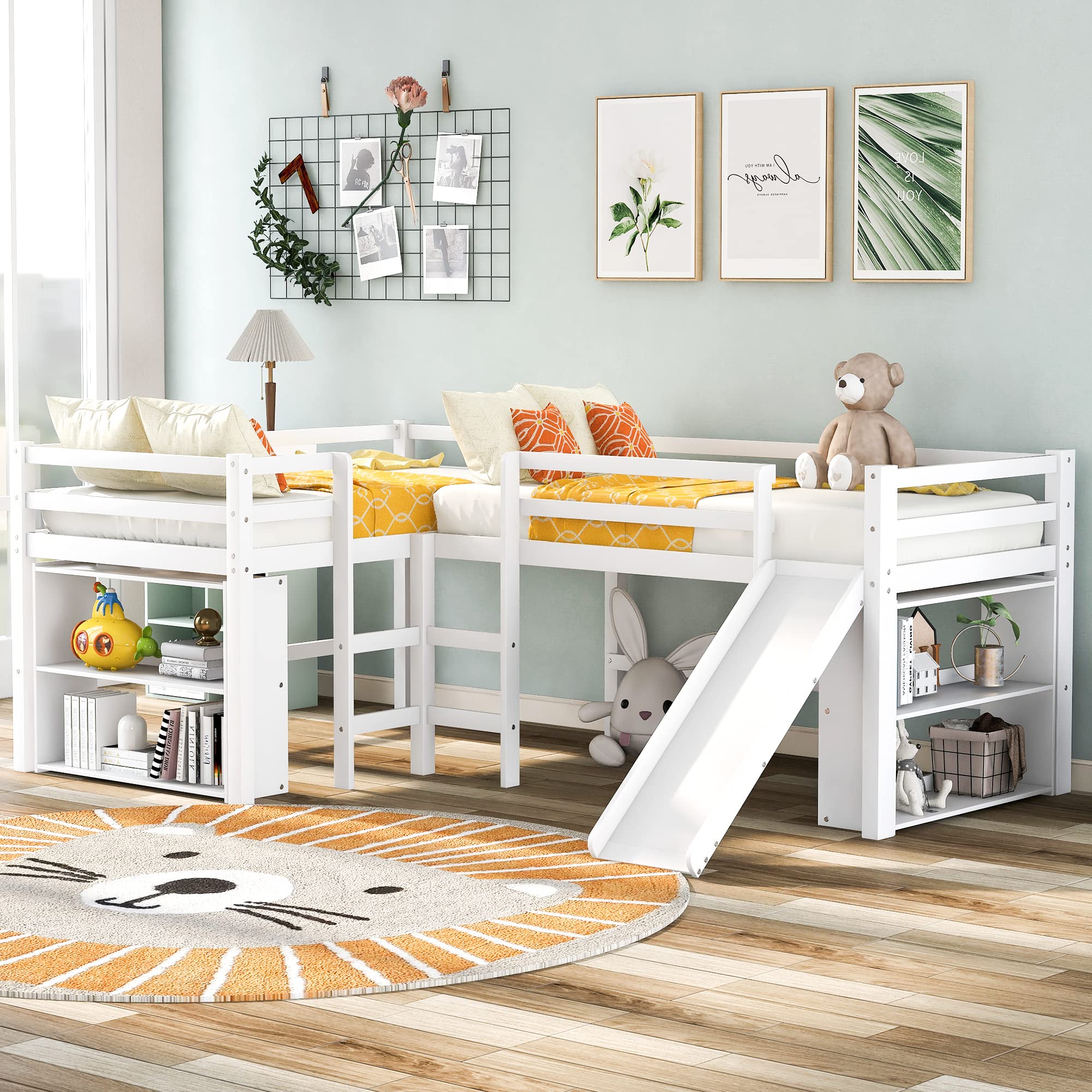 Merax Solid Wood Twin Size L-Shaped Loft Bed with Movable Two-Tier Shelves, Ladder & Slide - White | Space-Saving Kids Bunk Bed for Small Rooms, Dorm & Playroom Furniture with Study Desk & Storage