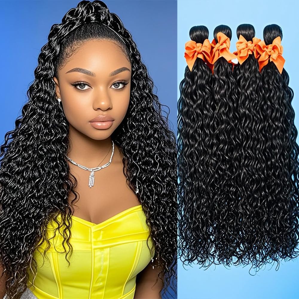 10A Grade Water Wave Human Hair Bundles - 4 Pcs Brazilian Deep Curly Wet & Wavy Hair Extensions (20/22/24/26 Inch) - Natural Black Color for Stunning Hairstyles | Perfect for Daily Wear, Parties & Special Occasions