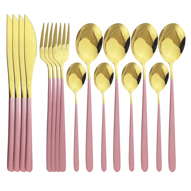 Premium 16-Piece Stainless Steel Flatware Set - 304 Grade Silverware Cutlery with Green Gold Finish (Knives, Forks, Spoons) - Elegant Dinnerware for Home, Restaurant & Wedding Use - Dishwasher Safe Kitchen Tableware Set (Pink Gold Option Available)